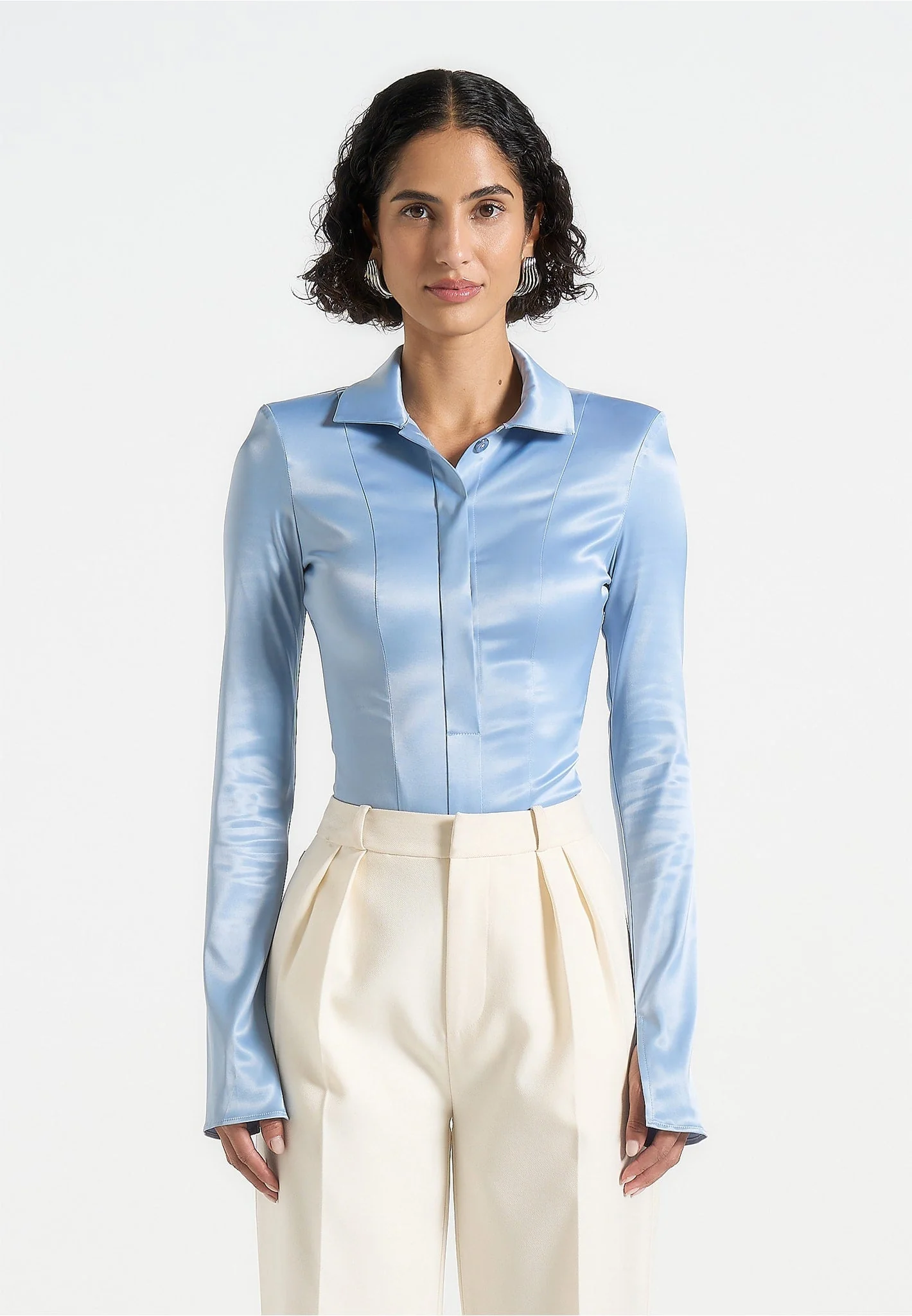 Louise - Wide Shoulder Satin Shirt Bodysuit - Pale Blue - Image 4