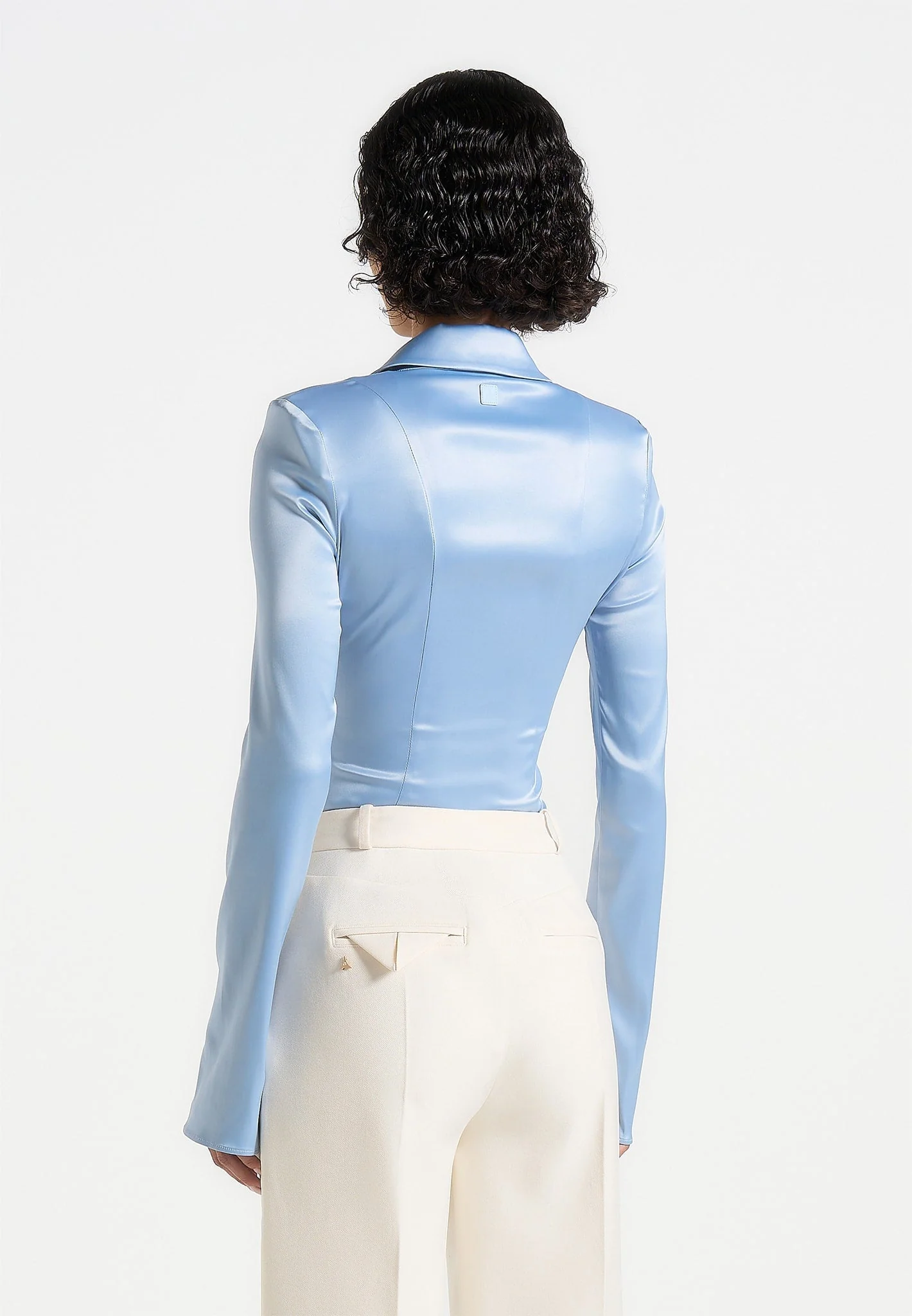 Louise - Wide Shoulder Satin Shirt Bodysuit - Pale Blue - Image 5