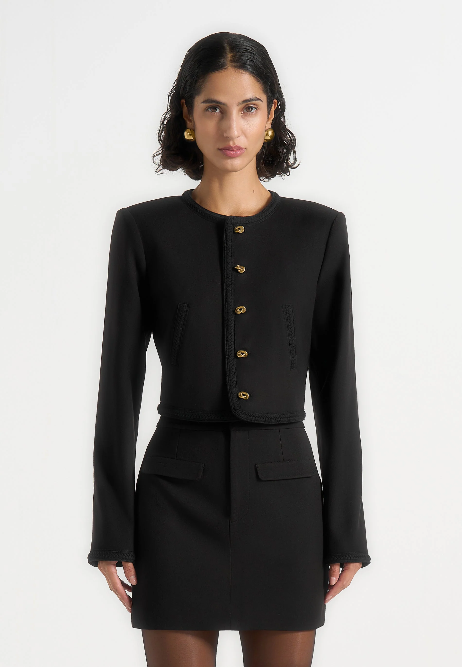 Madeline - Cropped Tailored Jacket With Braided Trim - Black - Image 4