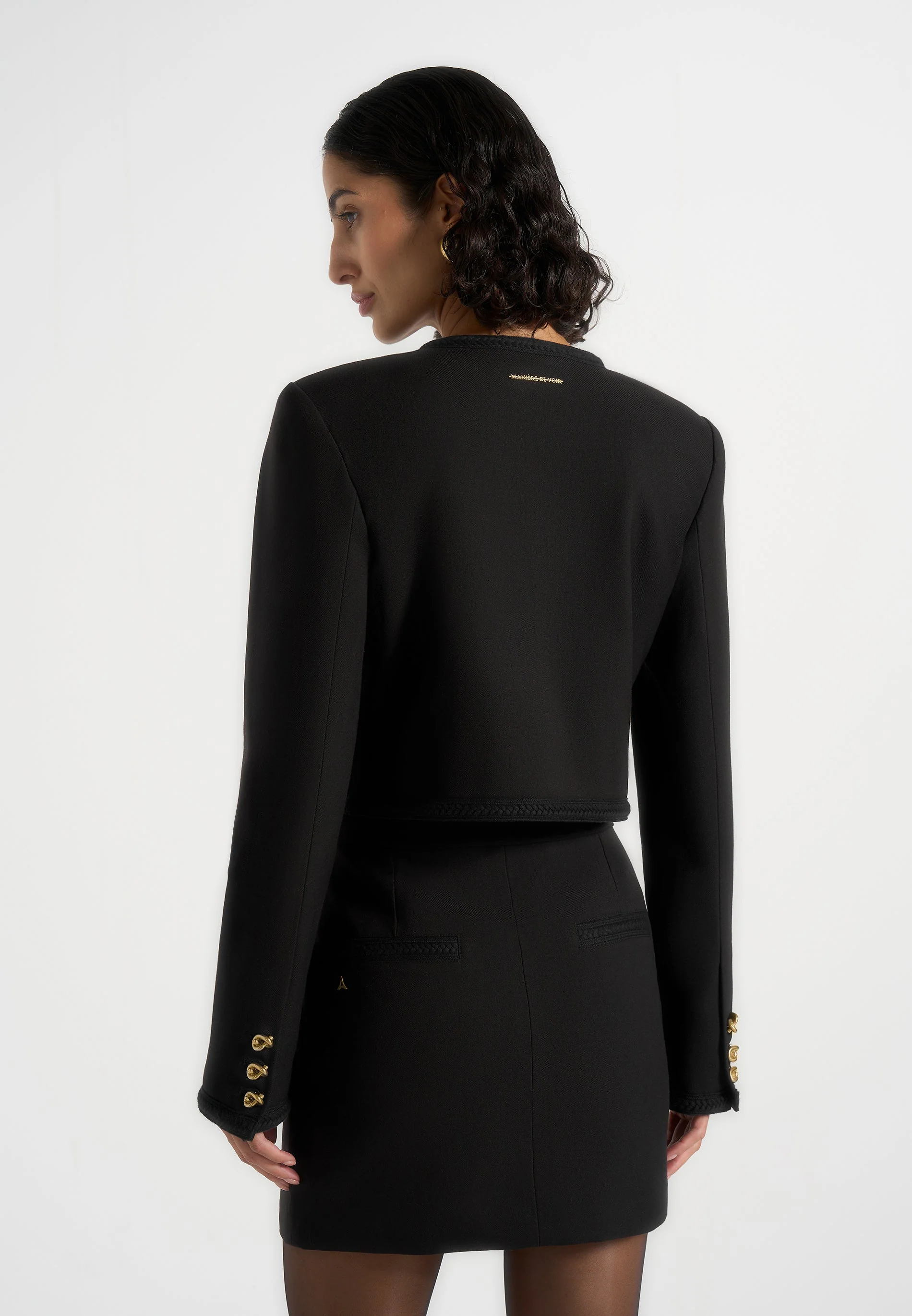 Madeline - Cropped Tailored Jacket With Braided Trim - Black - Image 5