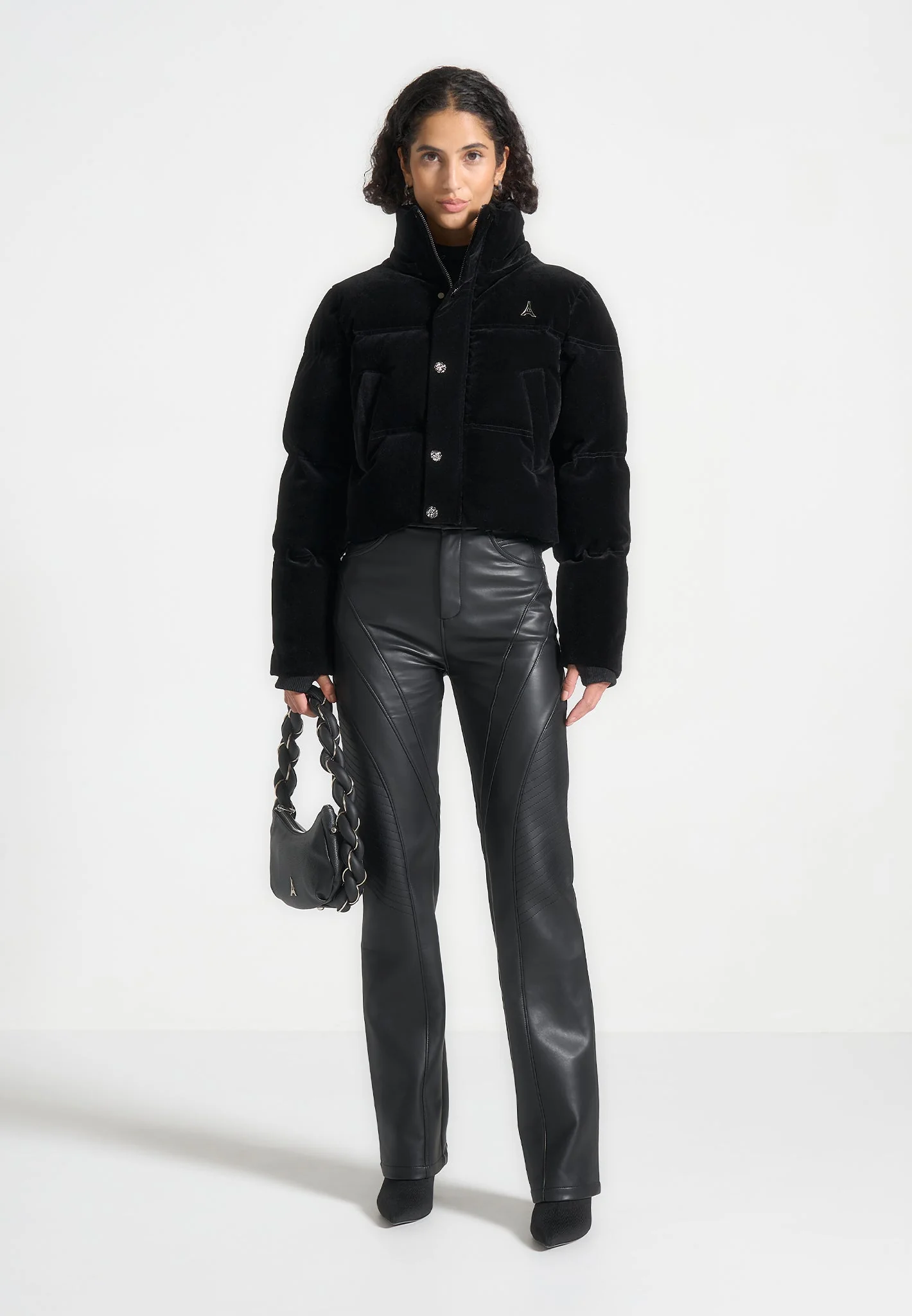 Maeva - Velvet Cropped Puffer Jacket - Black - Image 2