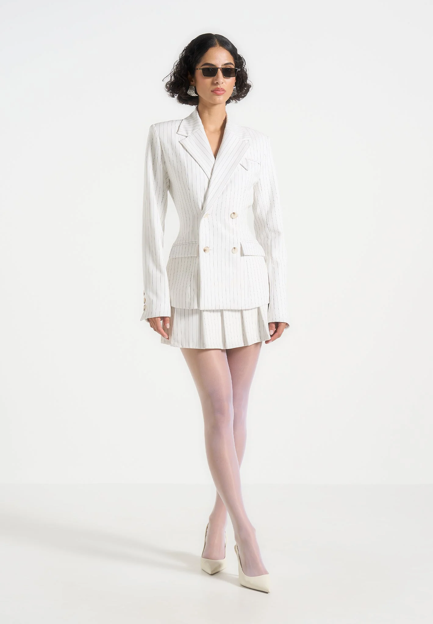 Maia - Pinstripe Double Breasted Blazer - White - Image 3