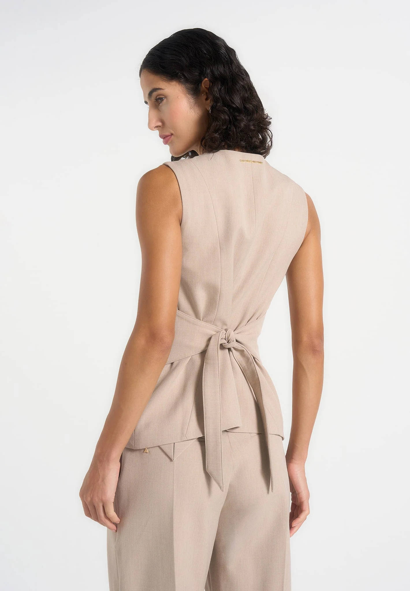Maisie - Tailored Crew Neck Cinch Suit Vest - Beige - Image 2