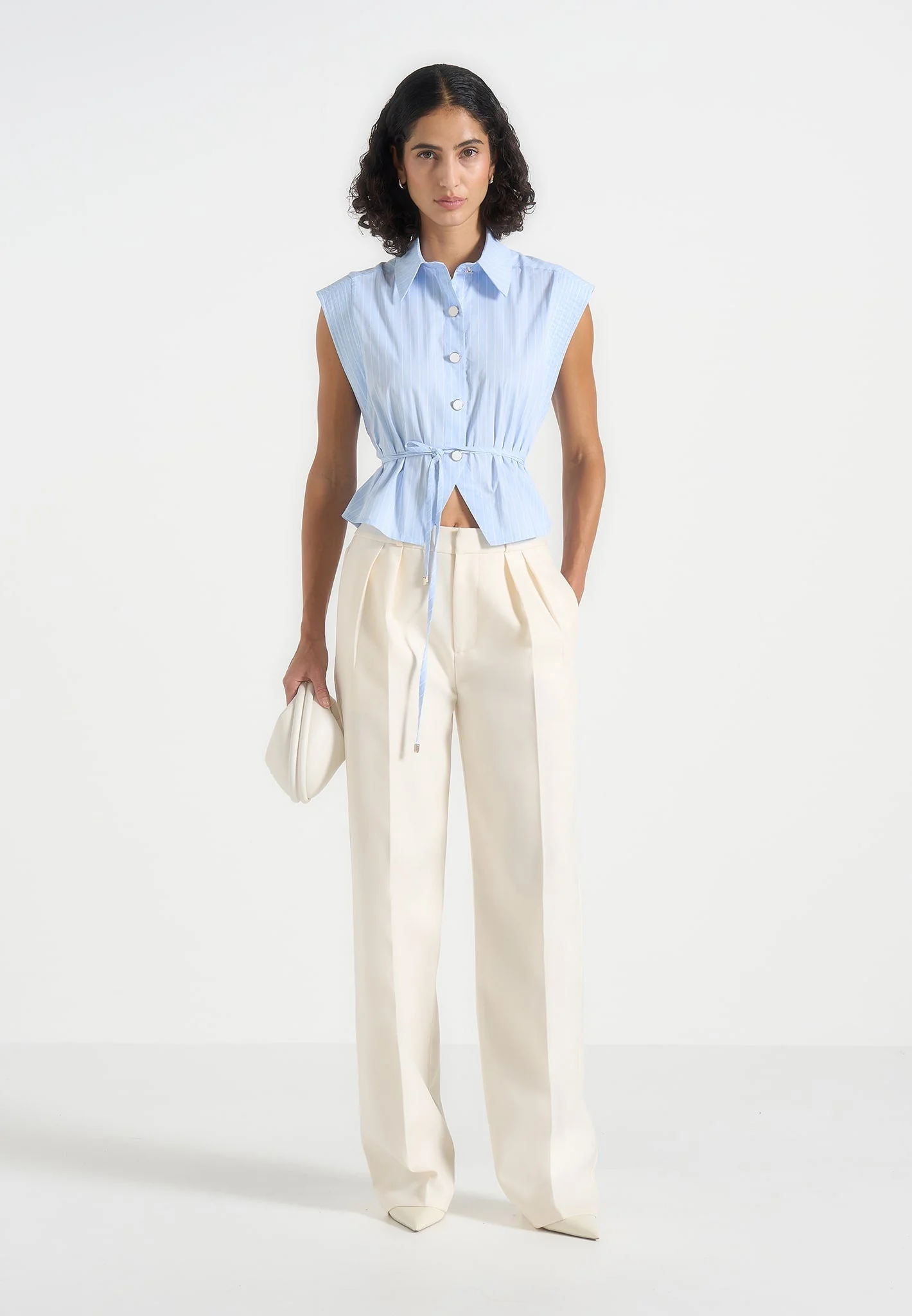 Malia - Sleeveless Tie Waist Cropped Shirt - Pale Blue