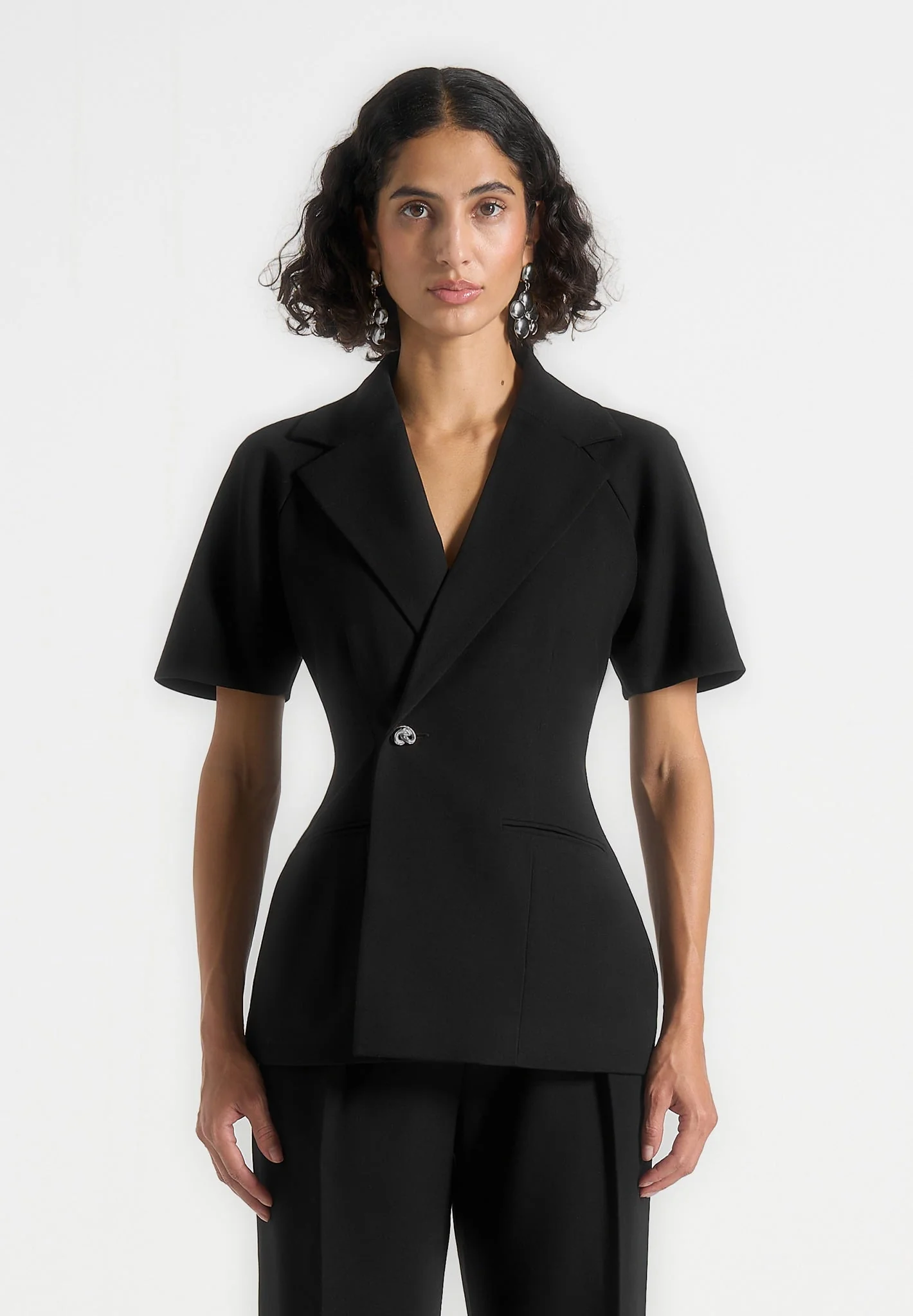 Malika - Double Breasted Short Sleeve Blazer - Black - Image 3