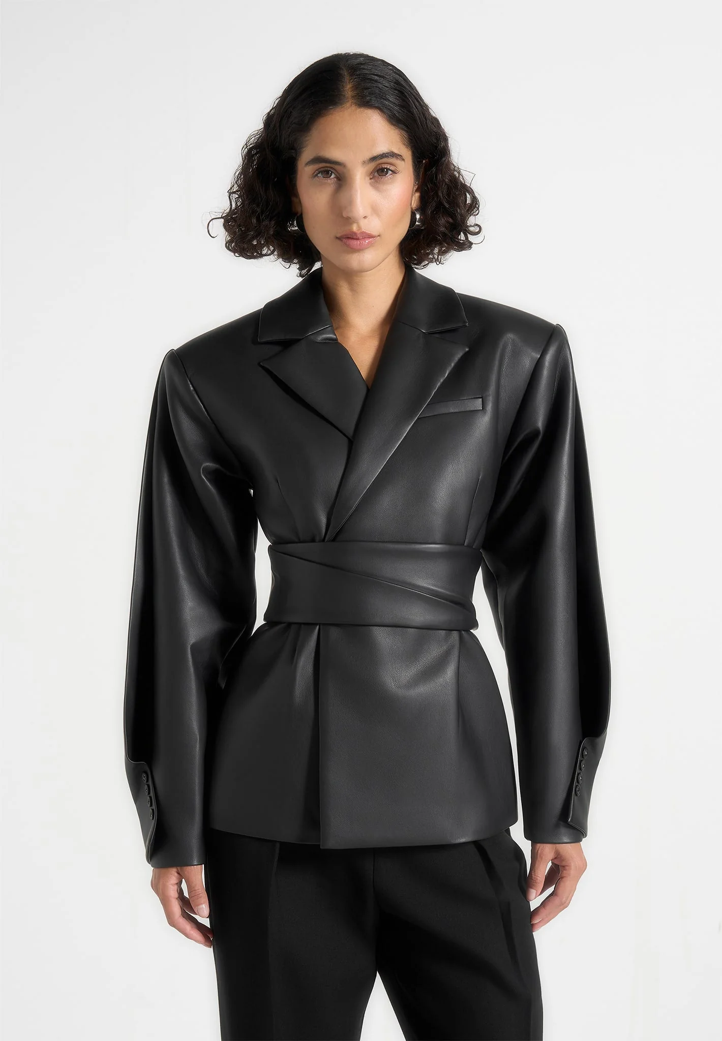 Marie - Twist Sleeve Leather Blazer with Belt - Black