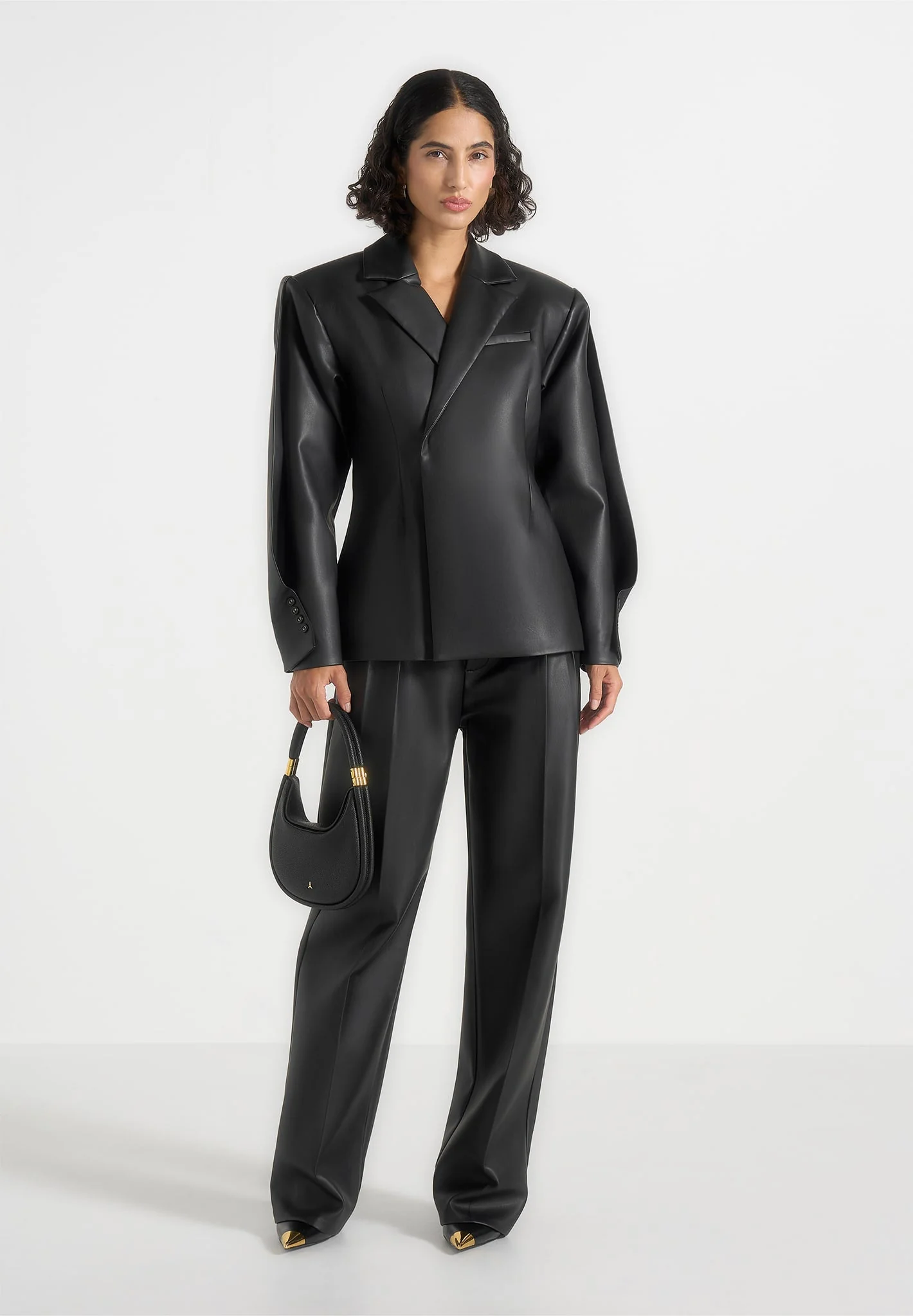 Marie - Twist Sleeve Leather Blazer with Belt - Black - Image 5