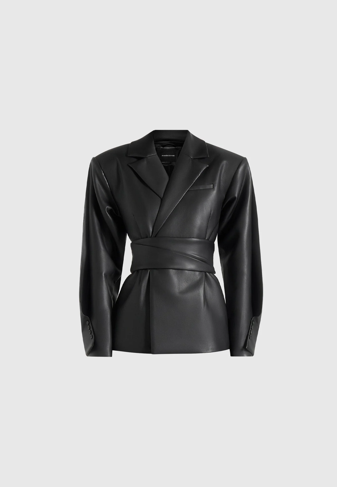 Marie - Twist Sleeve Leather Blazer with Belt - Black - Image 8