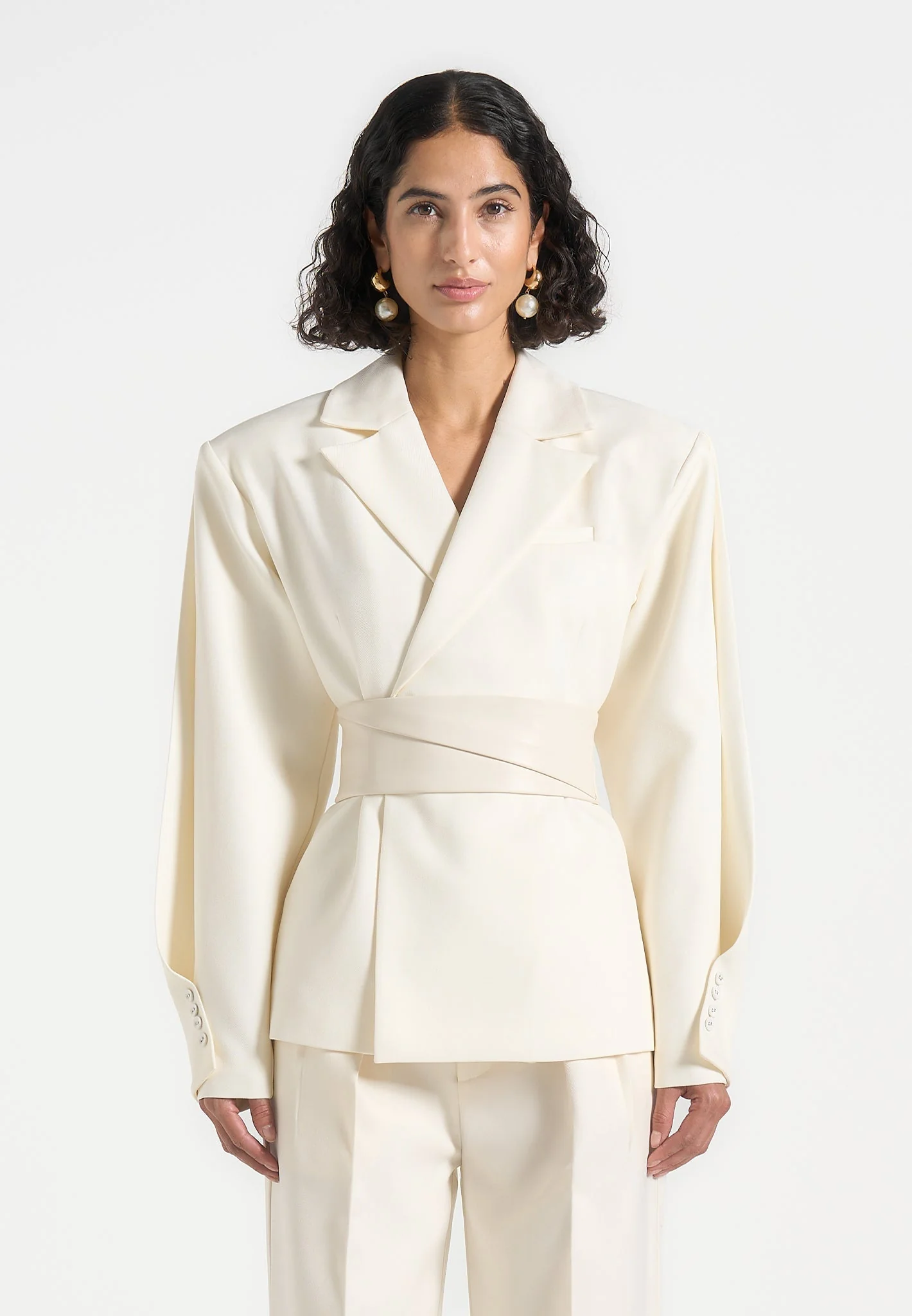 Marie - Twist Sleeve Tailored Blazer with Belt - Off White - Image 3