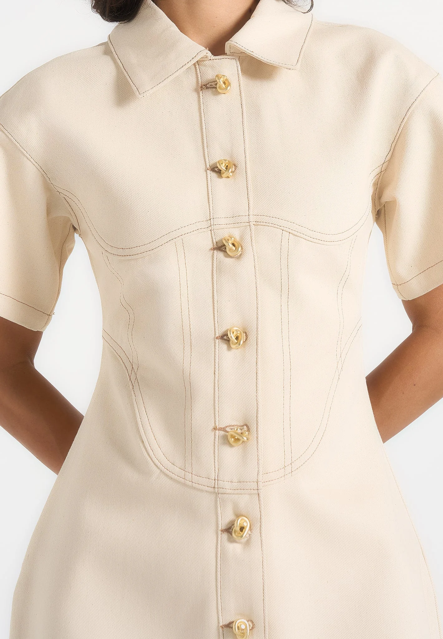 Mathilde - Denim Corset Contrast Stitch Dress - Cream - Image 2