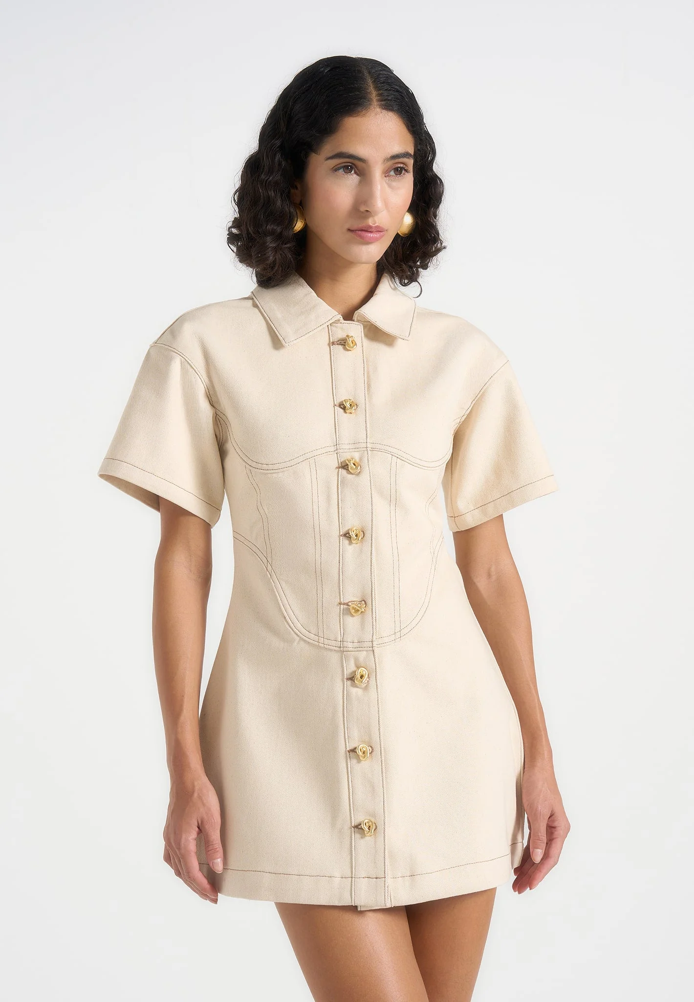 Mathilde - Denim Corset Contrast Stitch Dress - Cream - Image 3