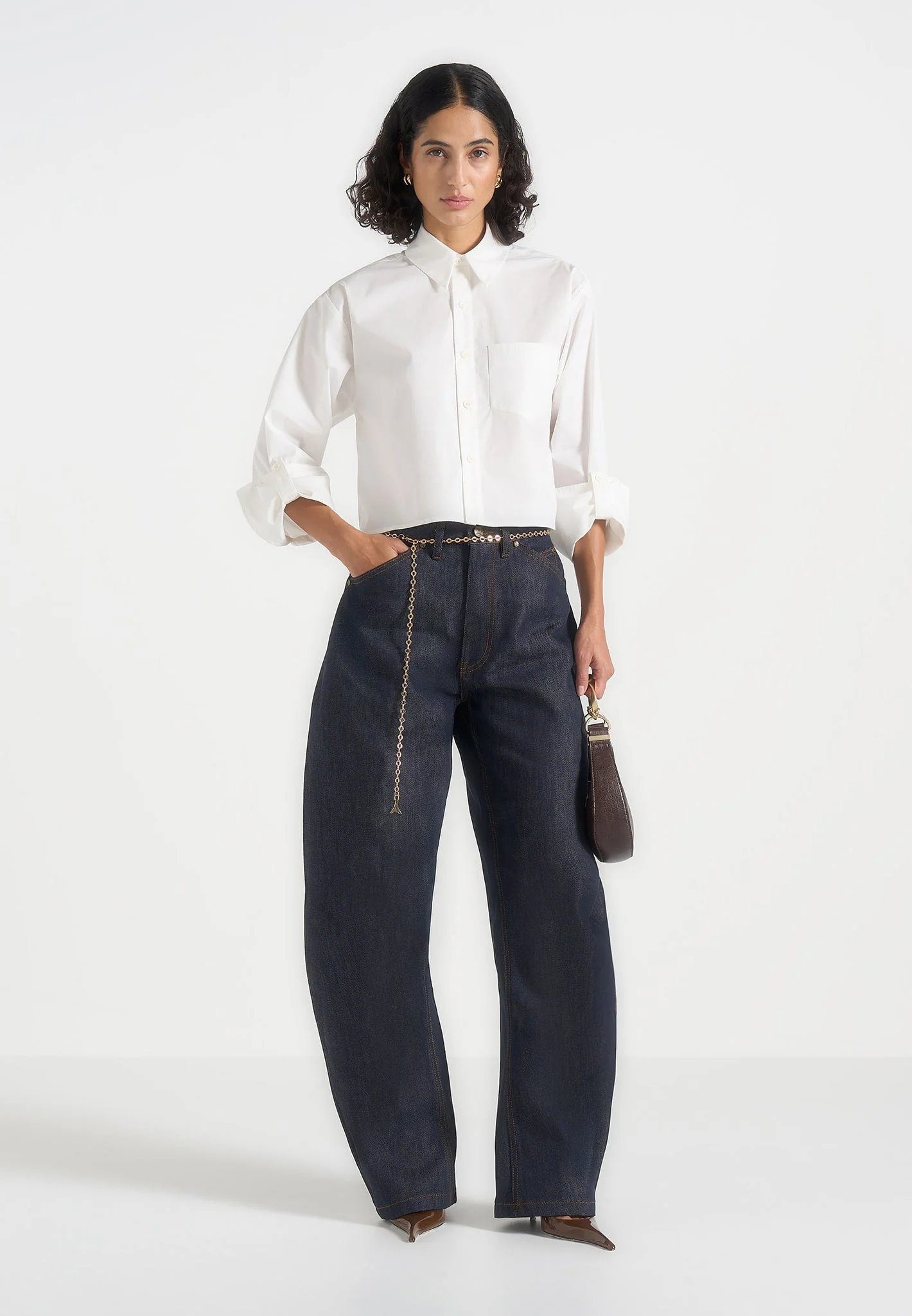 Maura - Oversized Cropped Roll Sleeve Cotton Shirt - White - Image 2