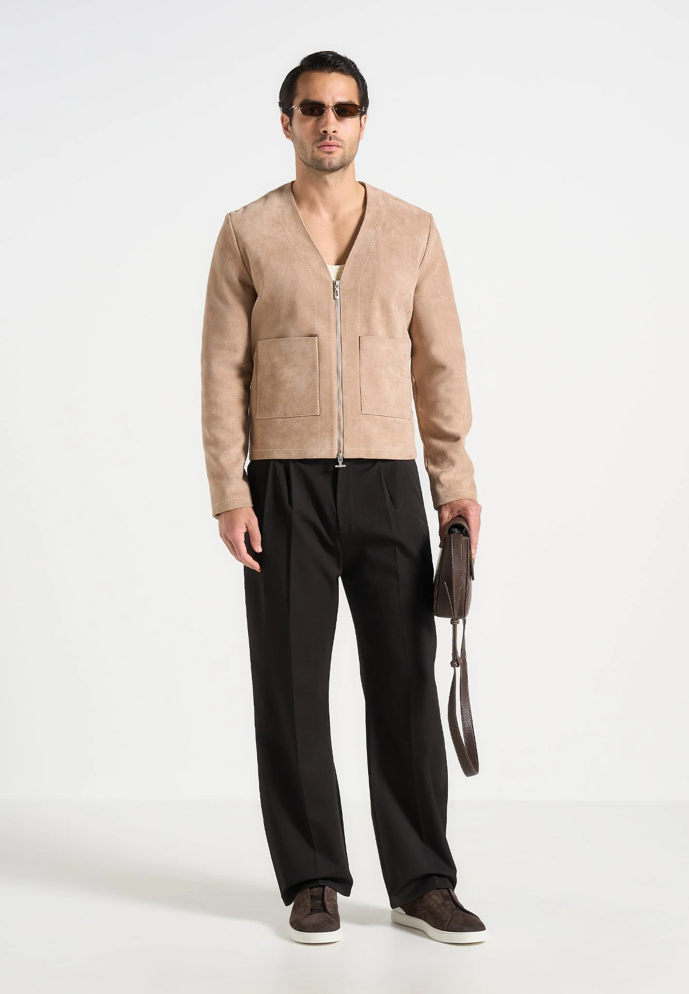 Maxime - Suede Zip Jacket With Contrast Stitch - Beige - Image 2