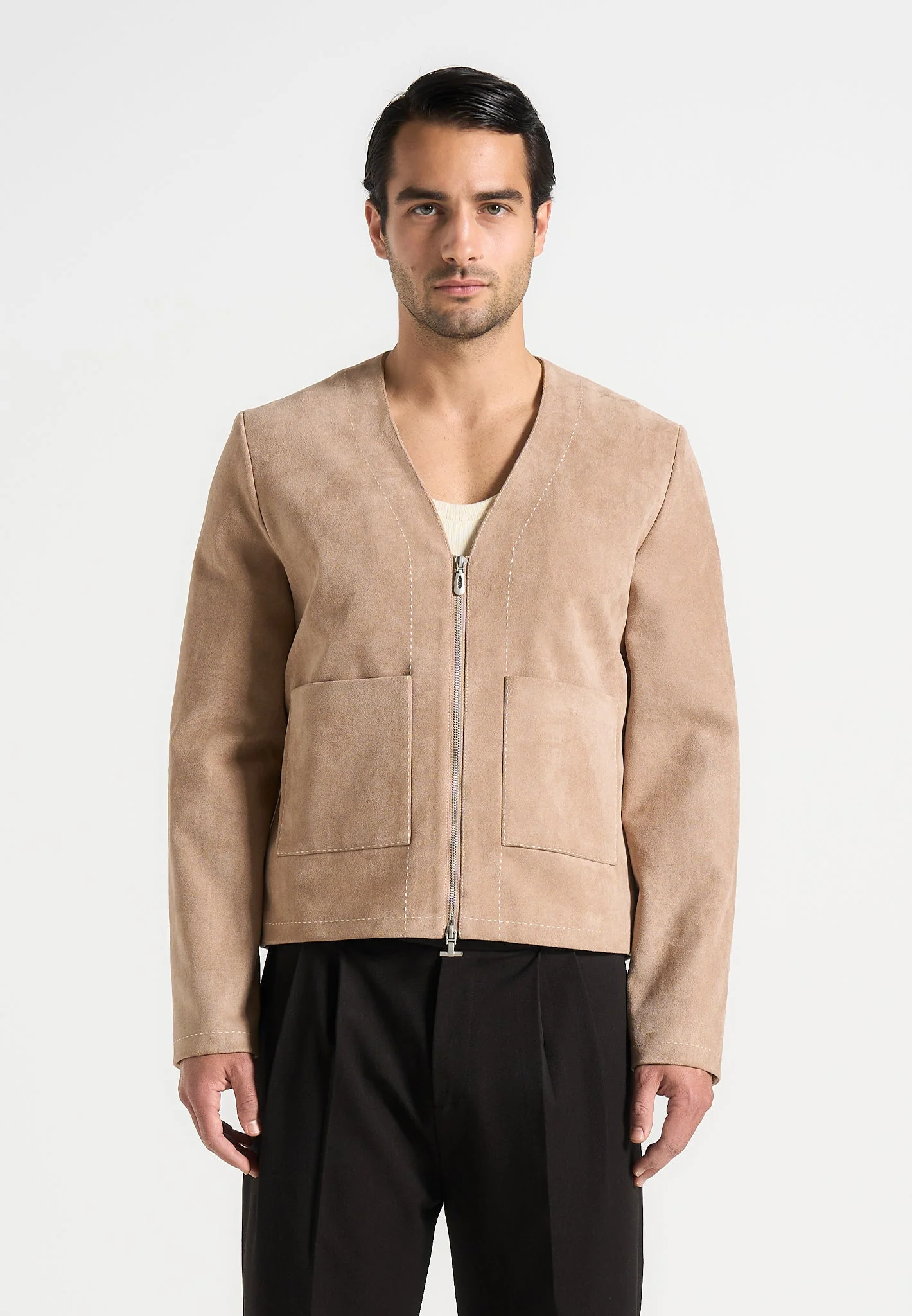 Maxime - Suede Zip Jacket With Contrast Stitch - Beige - Image 5
