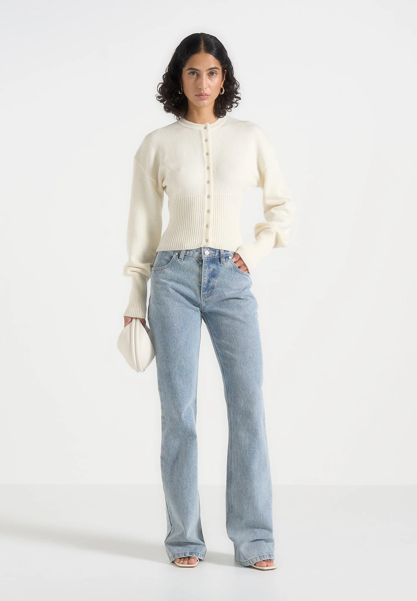 Mayla - Knitted Cinch Waist Cardigan - Cream - Image 2