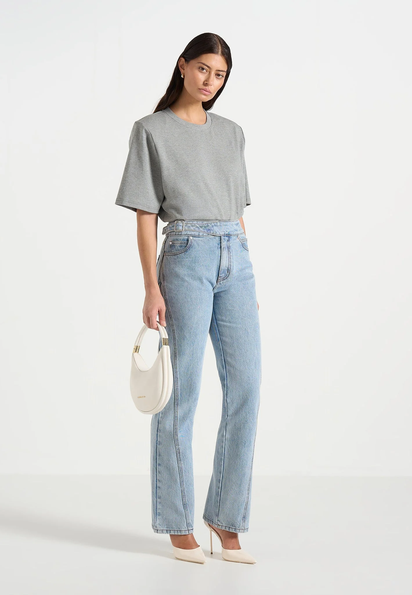 Mia - Wide Shoulder Bodysuit T-Shirt - Grey - Image 2