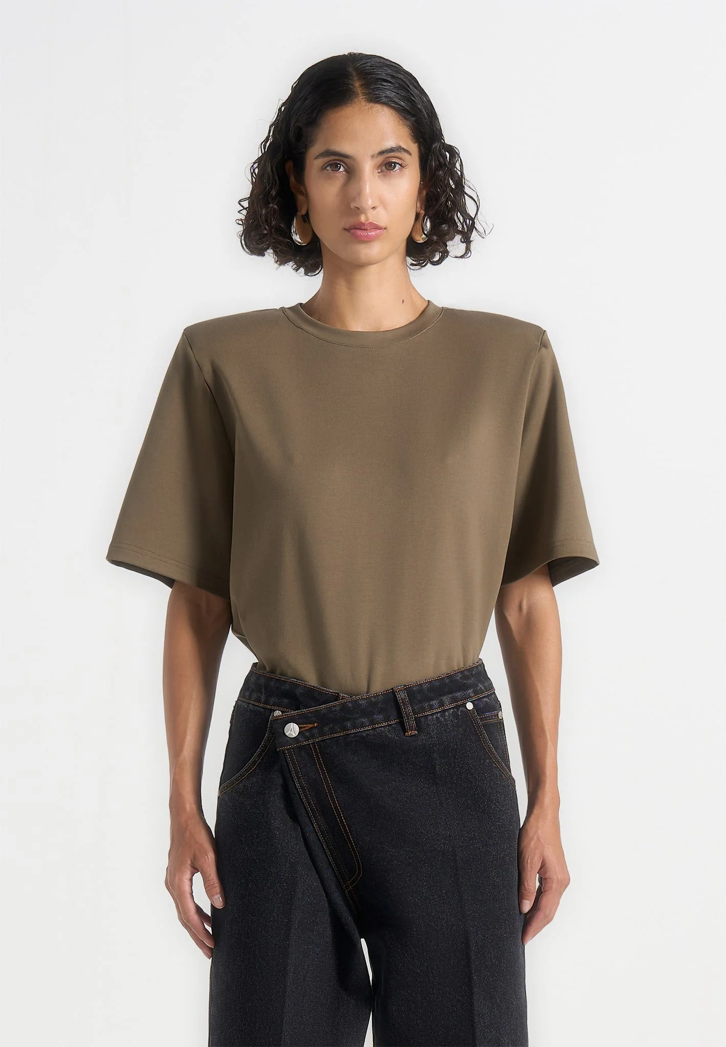 Mia - Wide Shoulder Bodysuit T-Shirt - Olive - Image 2