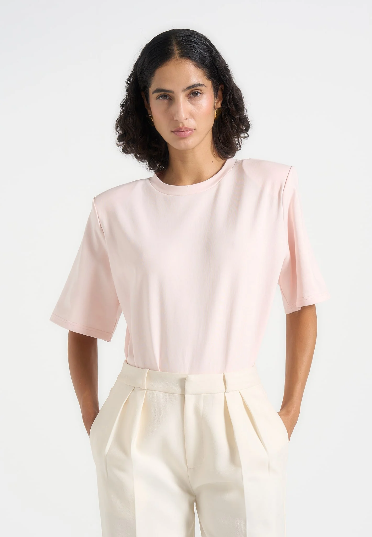 Mia - Wide Shoulder Bodysuit T-Shirt - Pale Pink - Image 2