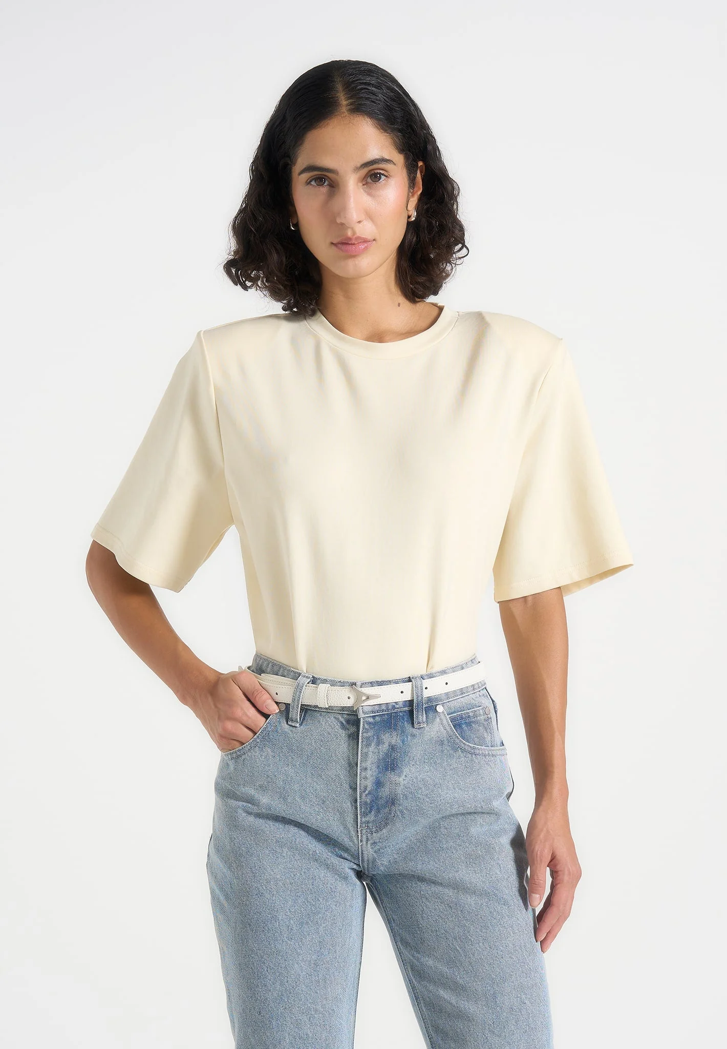 Mia - Wide Shoulder Bodysuit T-Shirt - Pale Yellow - Image 2