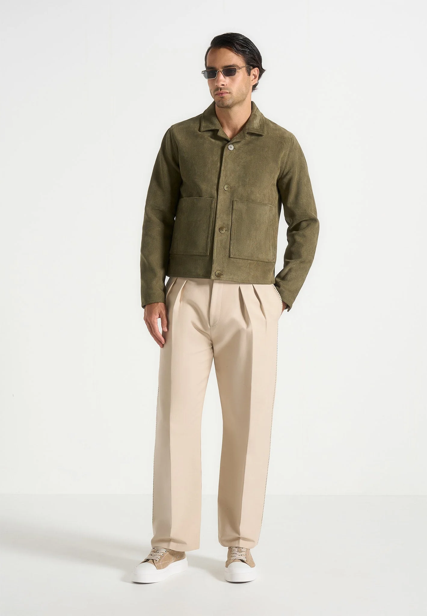 Michel - Suede Jacket With Revere Collar - Olive - Image 4