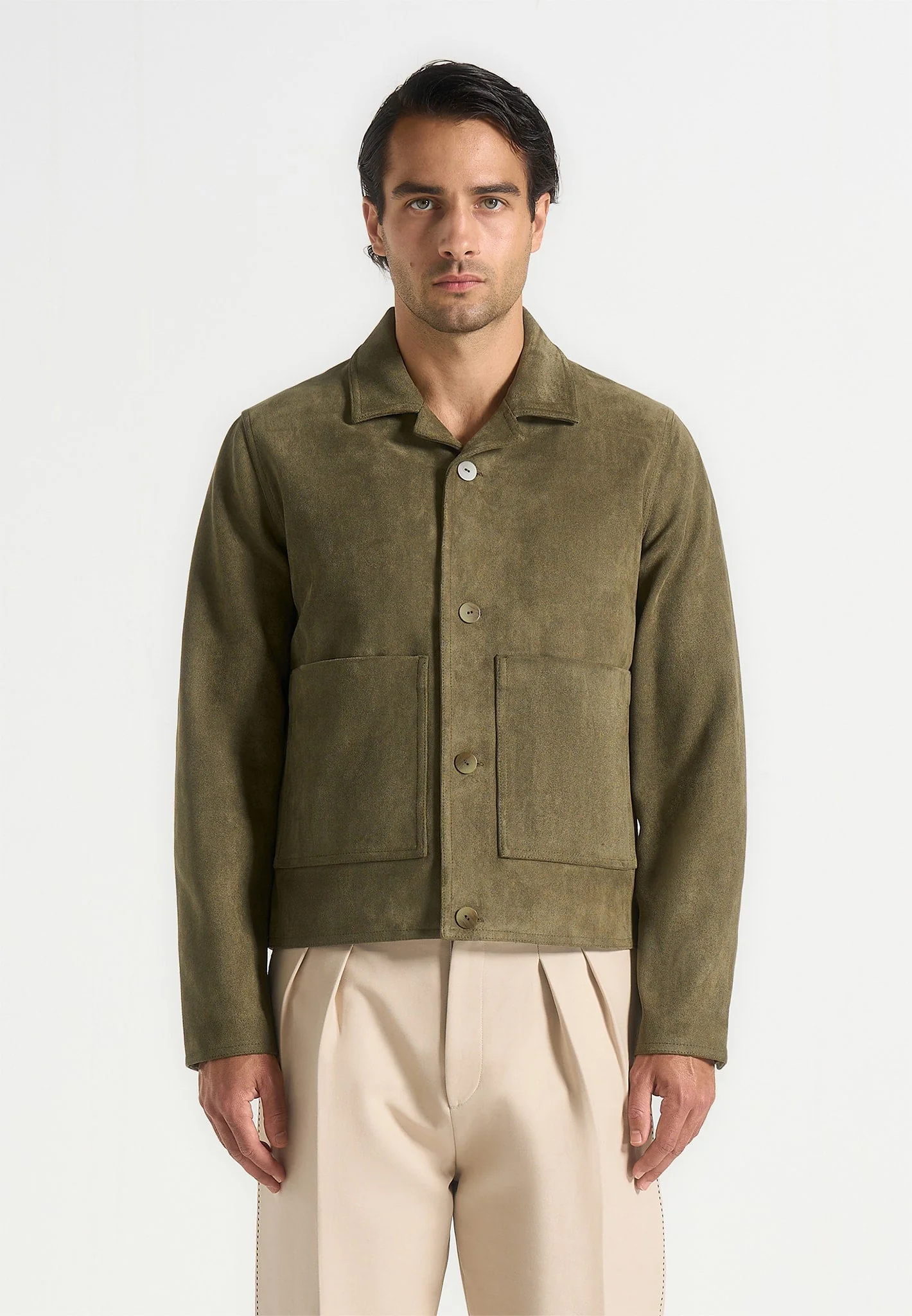 Michel - Suede Jacket With Revere Collar - Olive - Image 5