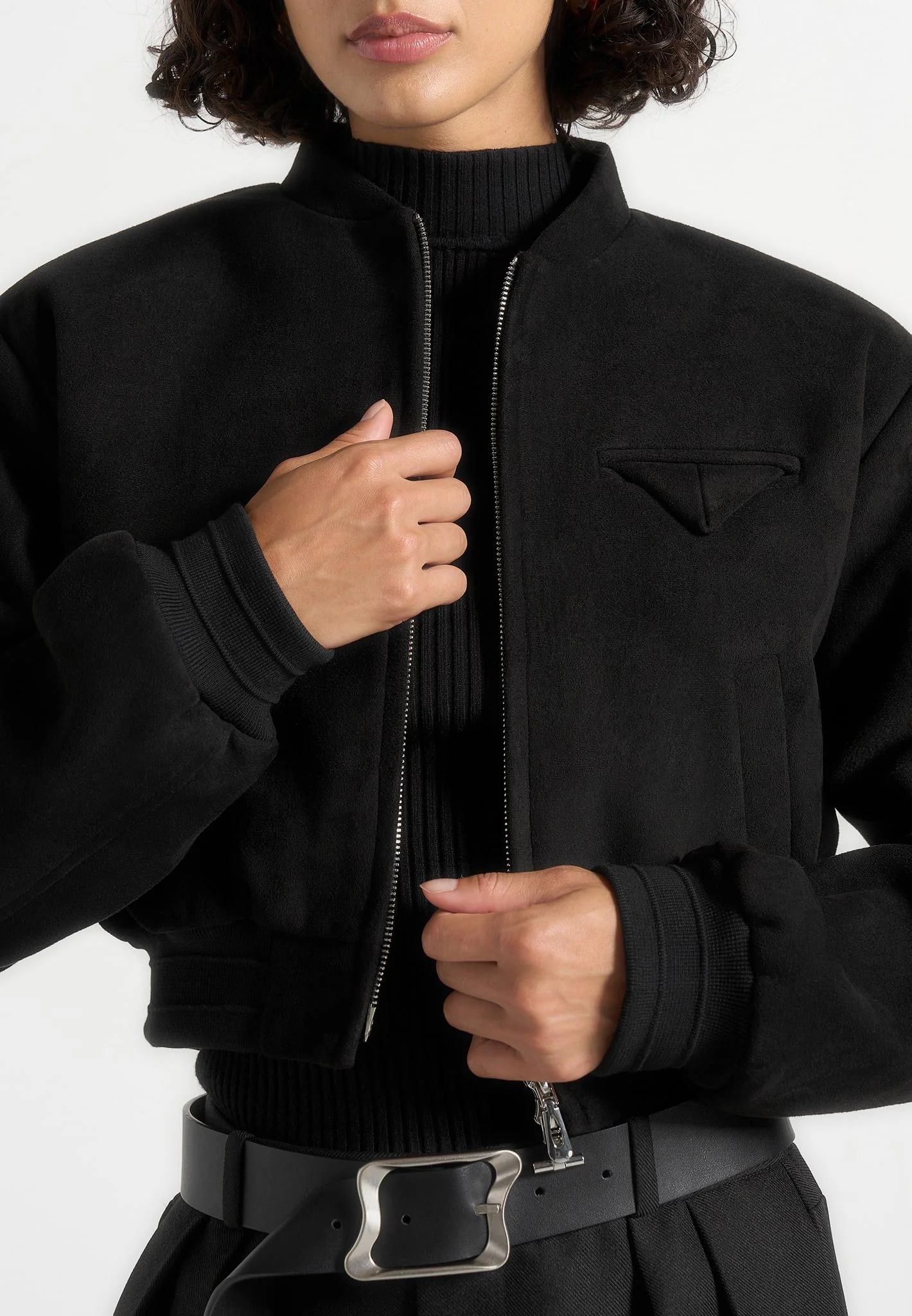 Monique - Suede Wide Shoulder Bomber Jacket - Black - Image 2