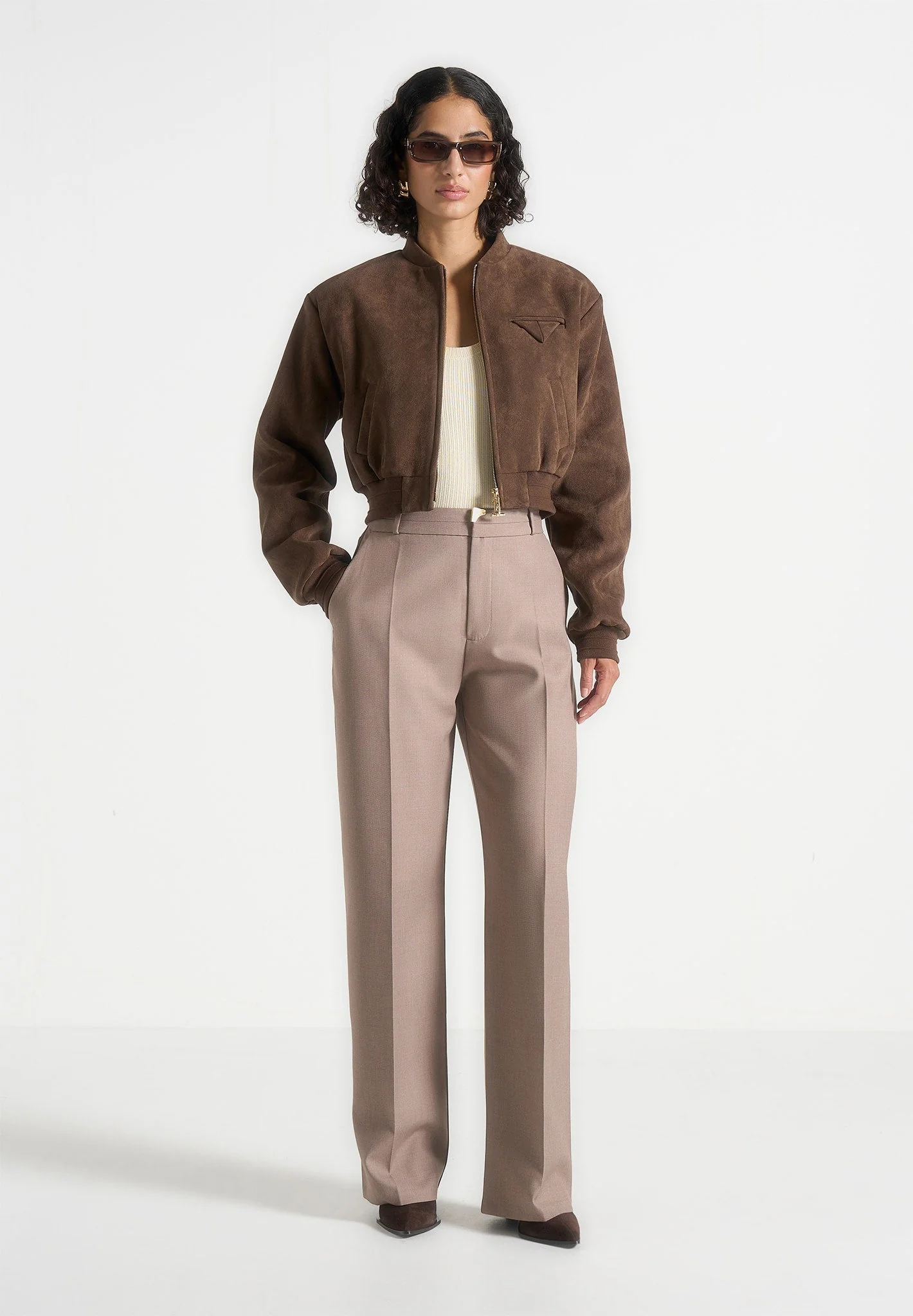 Monique - Suede Wide Shoulder Bomber Jacket - Brown - Image 2