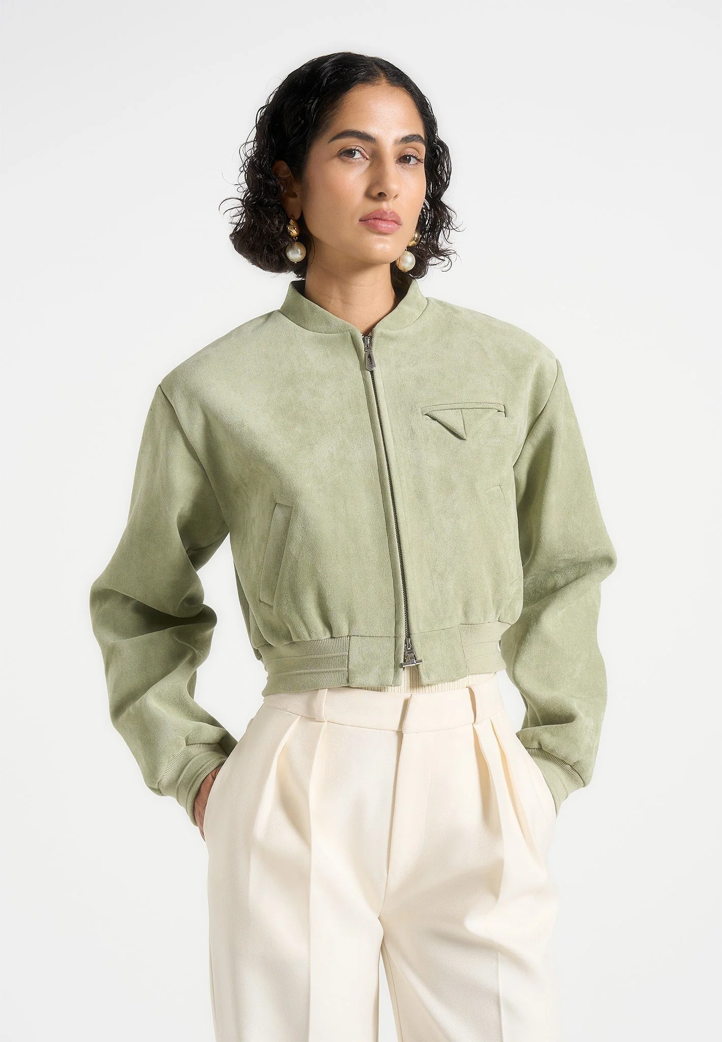 Monique - Suede Wide Shoulder Bomber Jacket - Sage - Image 2