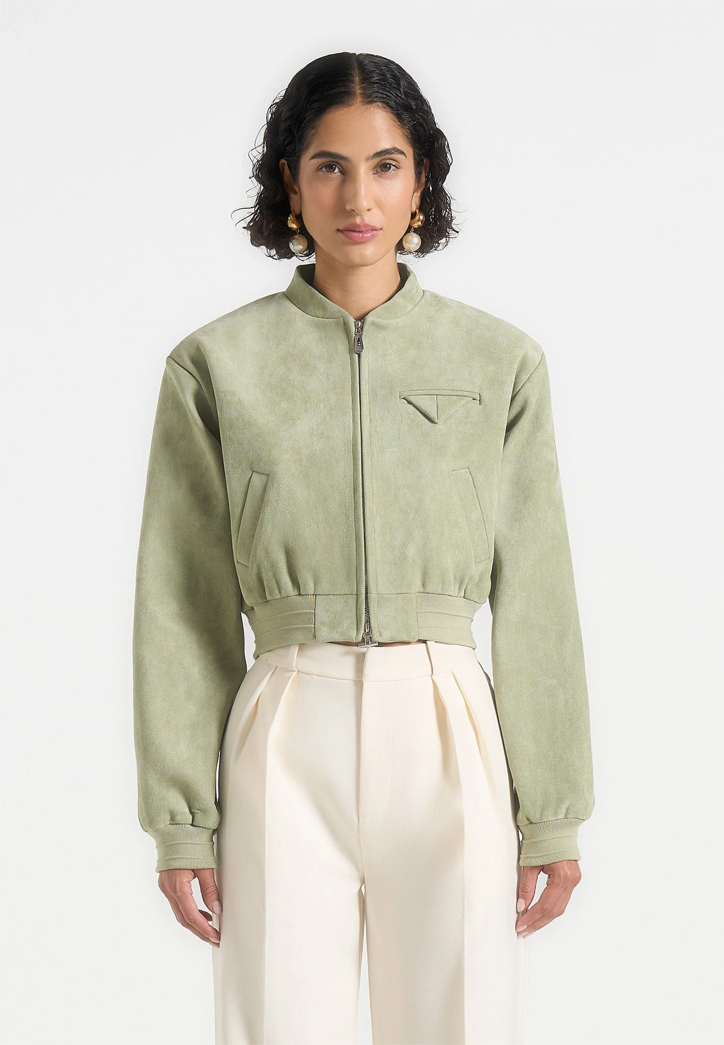 Monique - Suede Wide Shoulder Bomber Jacket - Sage - Image 4