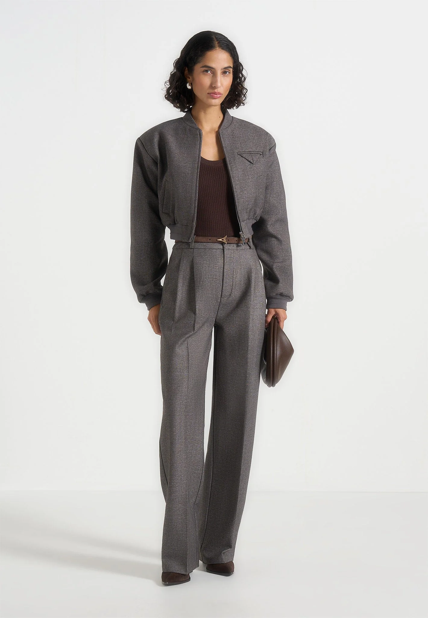 Monique - Tailored Wide Shoulder Bomber Jacket - Grey Speckle - Image 3