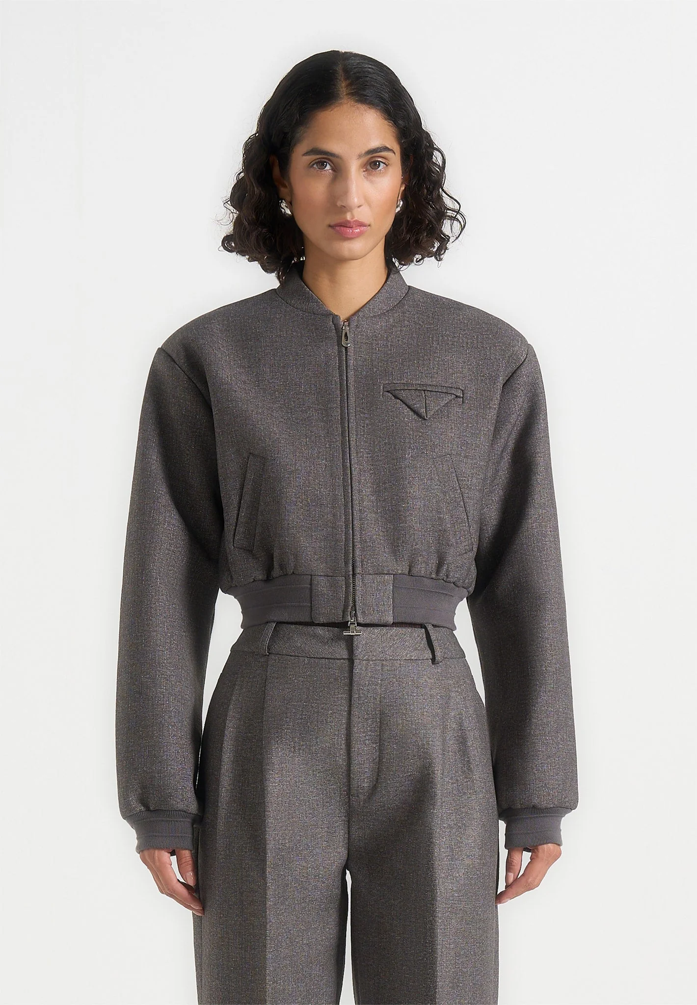 Monique - Tailored Wide Shoulder Bomber Jacket - Grey Speckle - Image 4