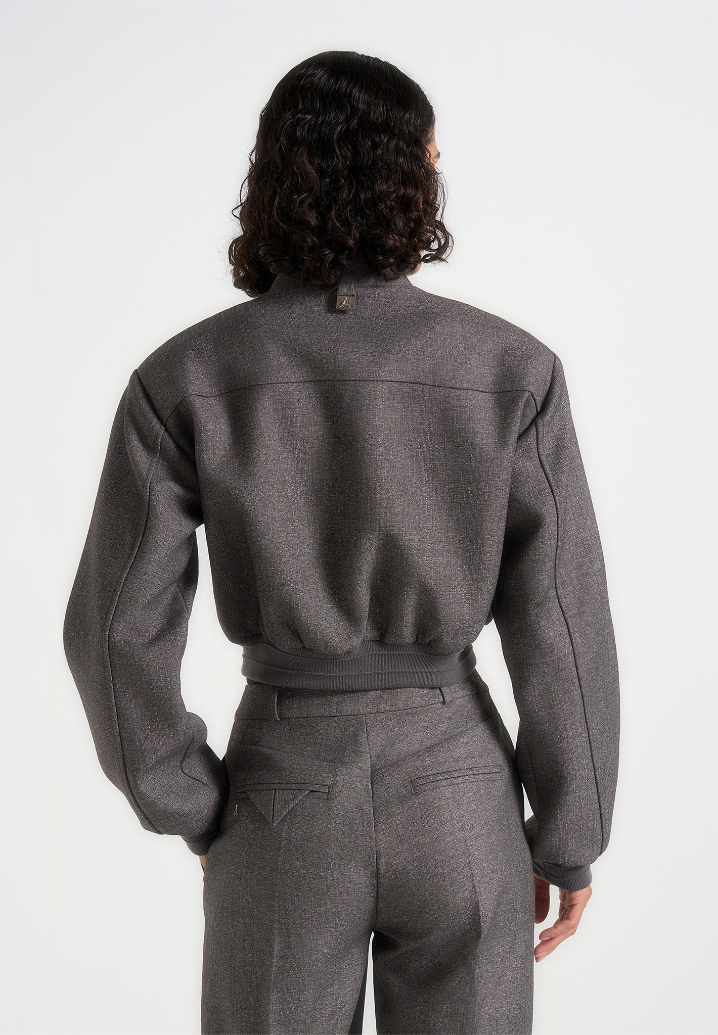 Monique - Tailored Wide Shoulder Bomber Jacket - Grey Speckle - Image 5