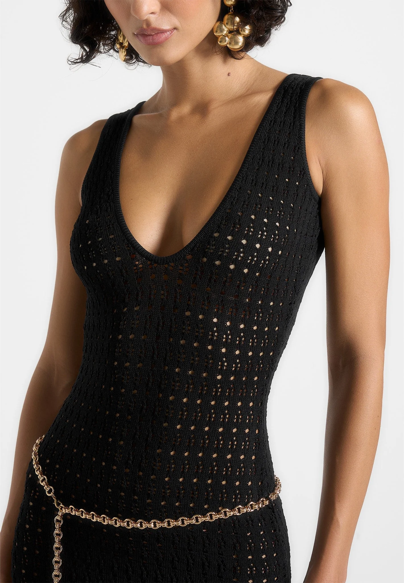 Myriam - Pointelle Plunge Maxi Dress With Chain - Black - Image 4
