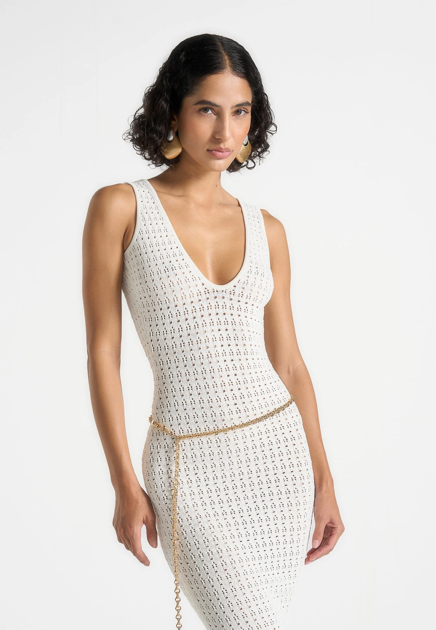 Myriam - Pointelle Plunge Maxi Dress With Chain - Cream - Image 2