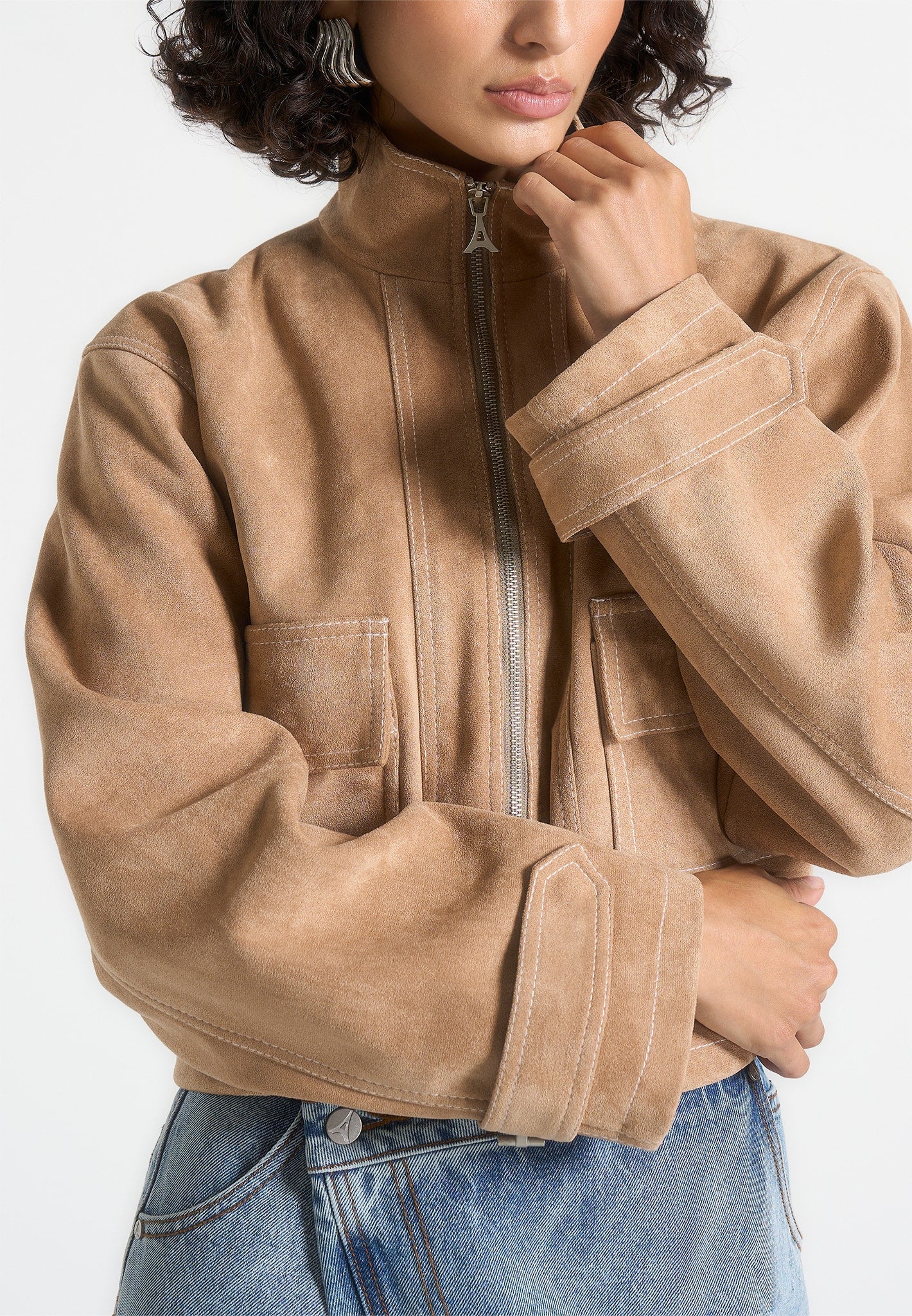Nawel - Suede Contrast Stitch Jacket With Cinched Hem - Beige - Image 3