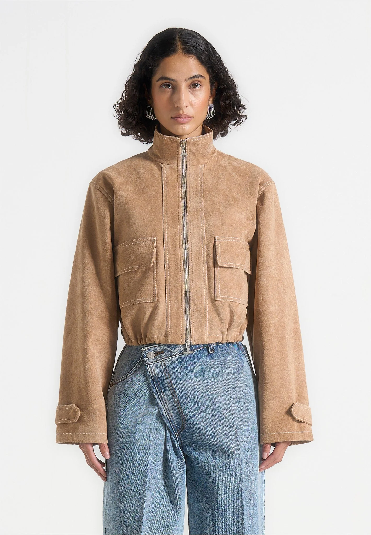Nawel - Suede Contrast Stitch Jacket With Cinched Hem - Beige - Image 4
