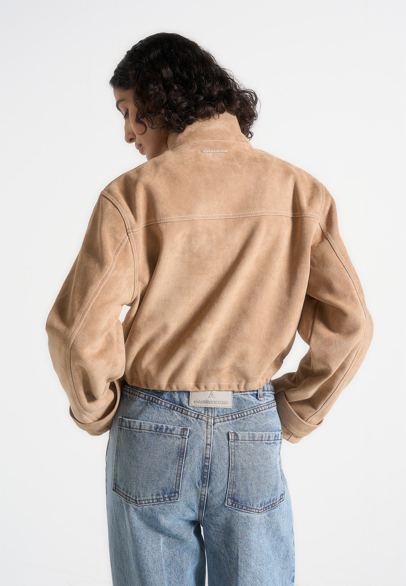 Nawel - Suede Contrast Stitch Jacket With Cinched Hem - Beige - Image 5
