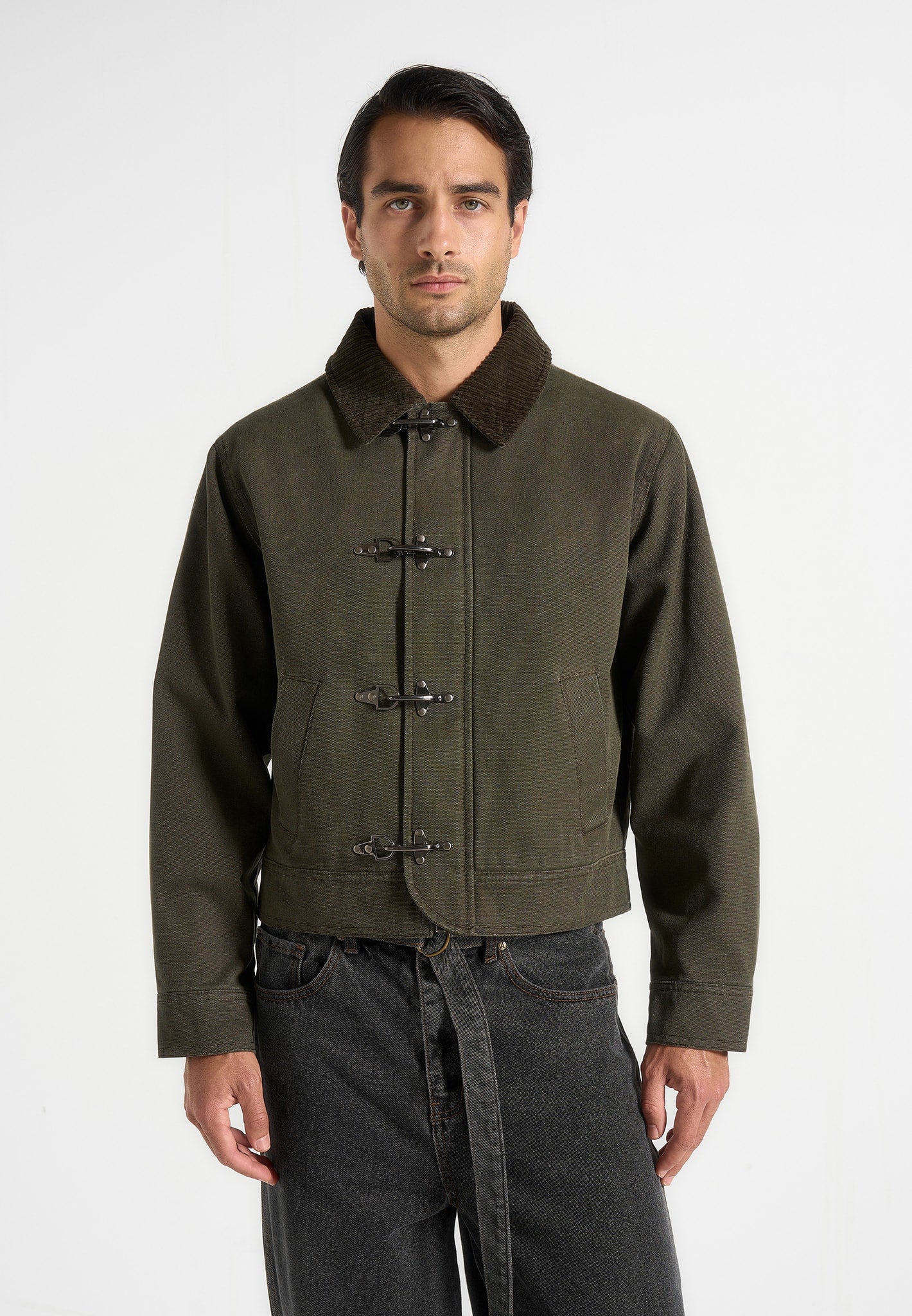 Nino - Clasp Detail Contrast Stitch Gabardine Jacket - Olive - Image 3