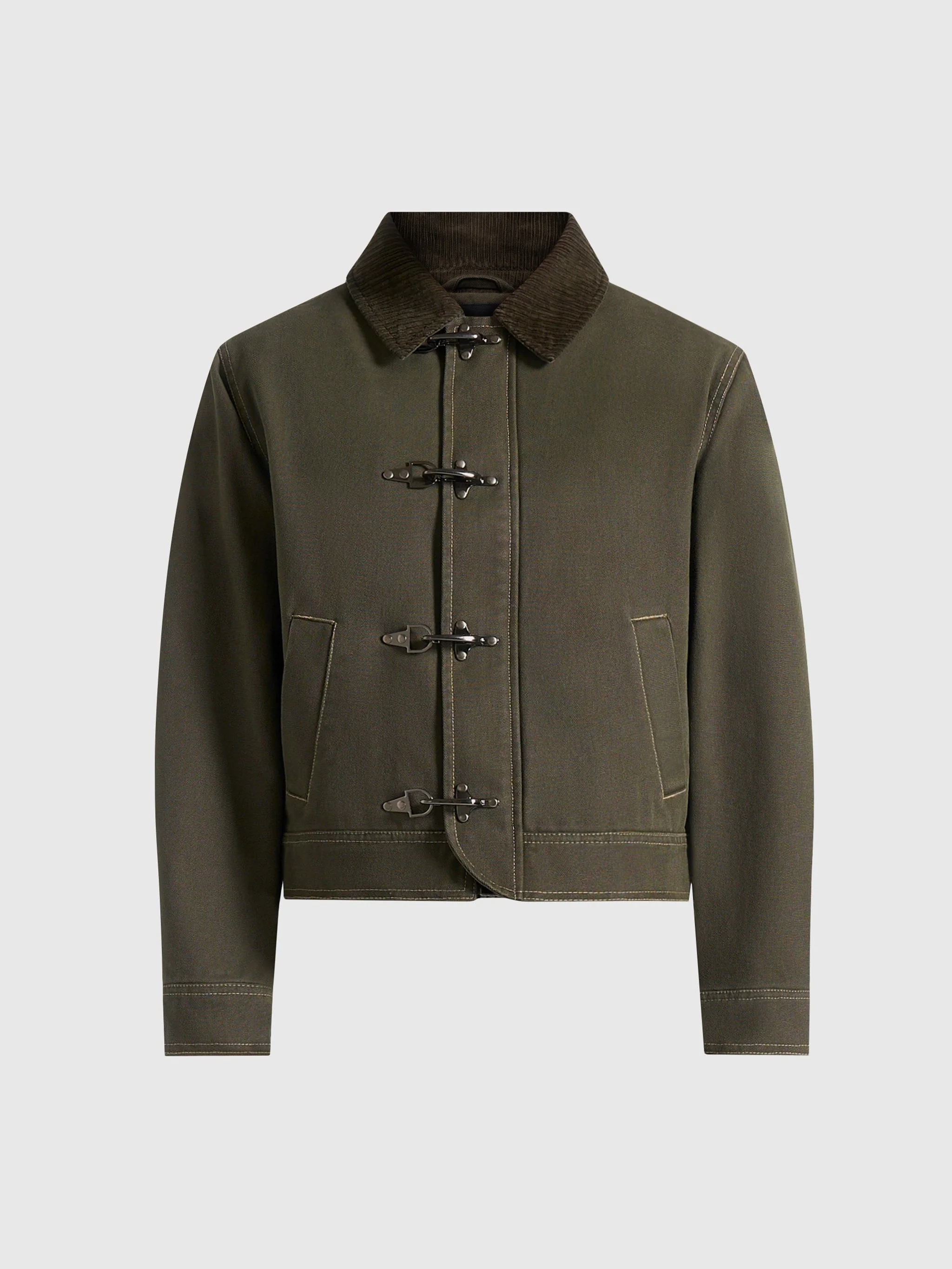Nino - Clasp Detail Contrast Stitch Gabardine Jacket - Olive - Image 6