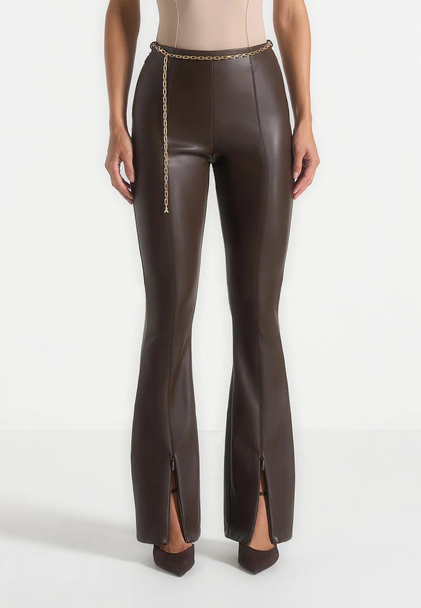 Ninon - Leather Fit And Flare Trousers With Chain - Brown - Image 4