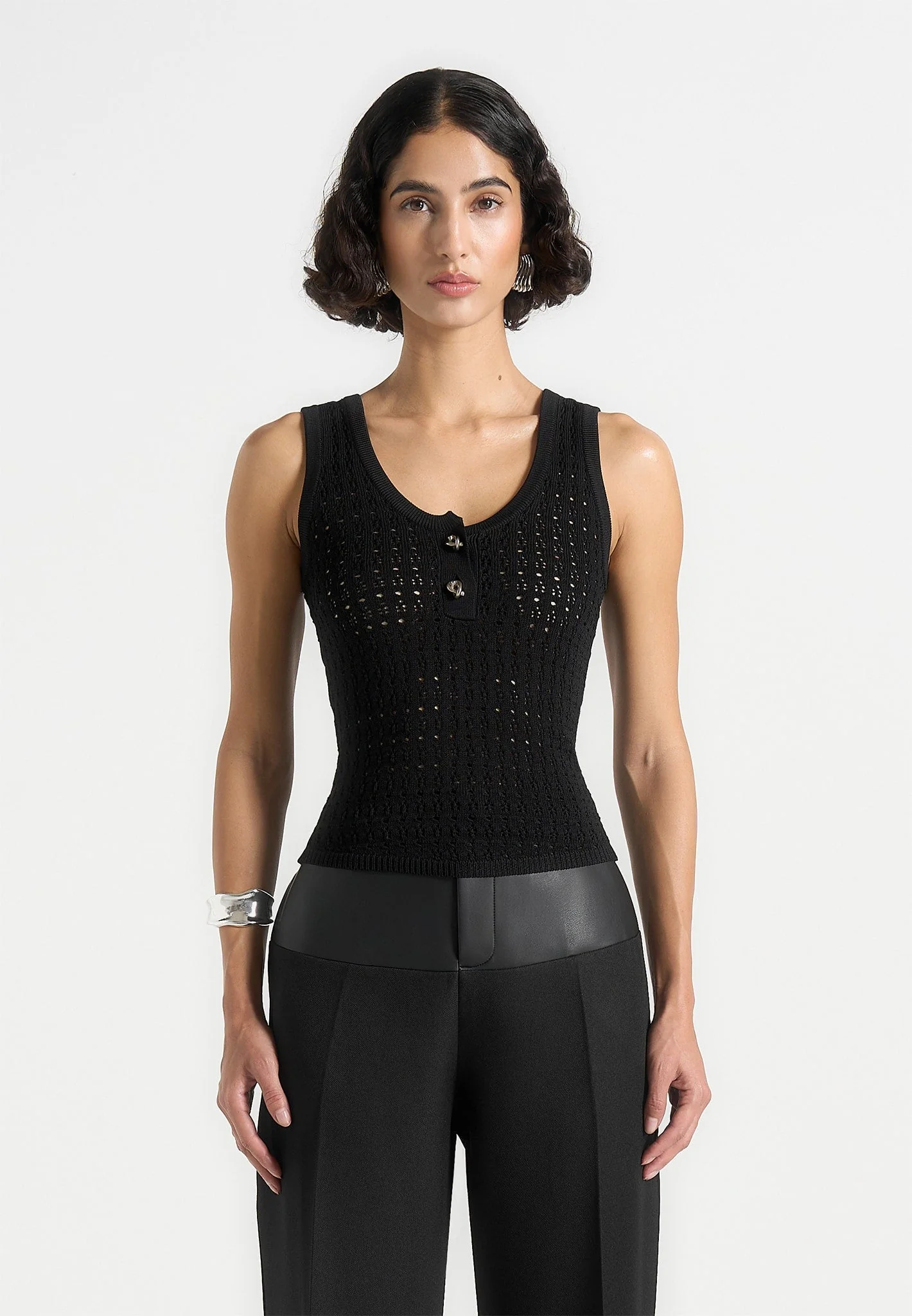 Nora - Pointelle Knitted Tank Top with Knot Button - Black - Image 4