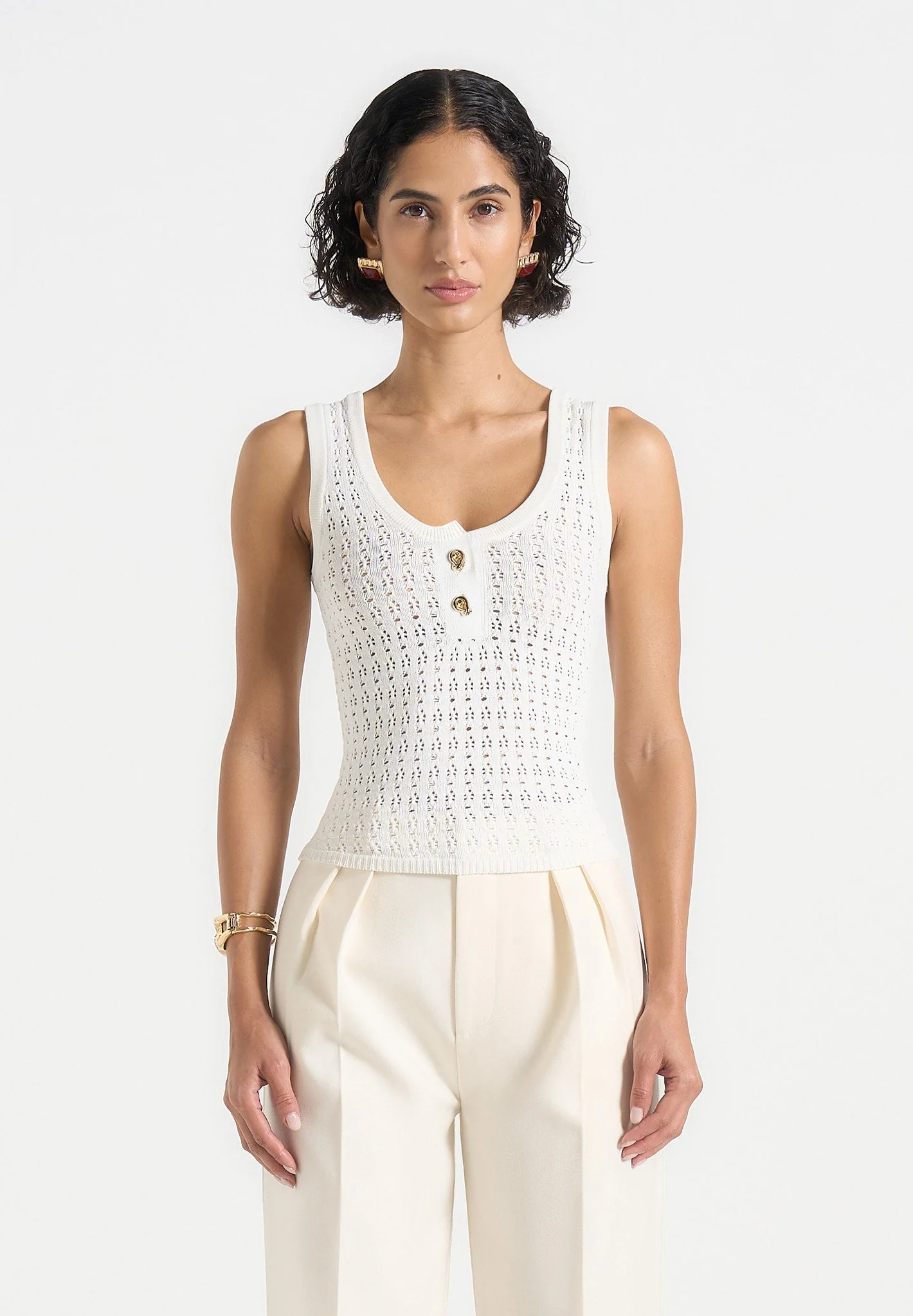 Nora - Pointelle Knitted Tank Top with Knot Button - Cream - Image 2