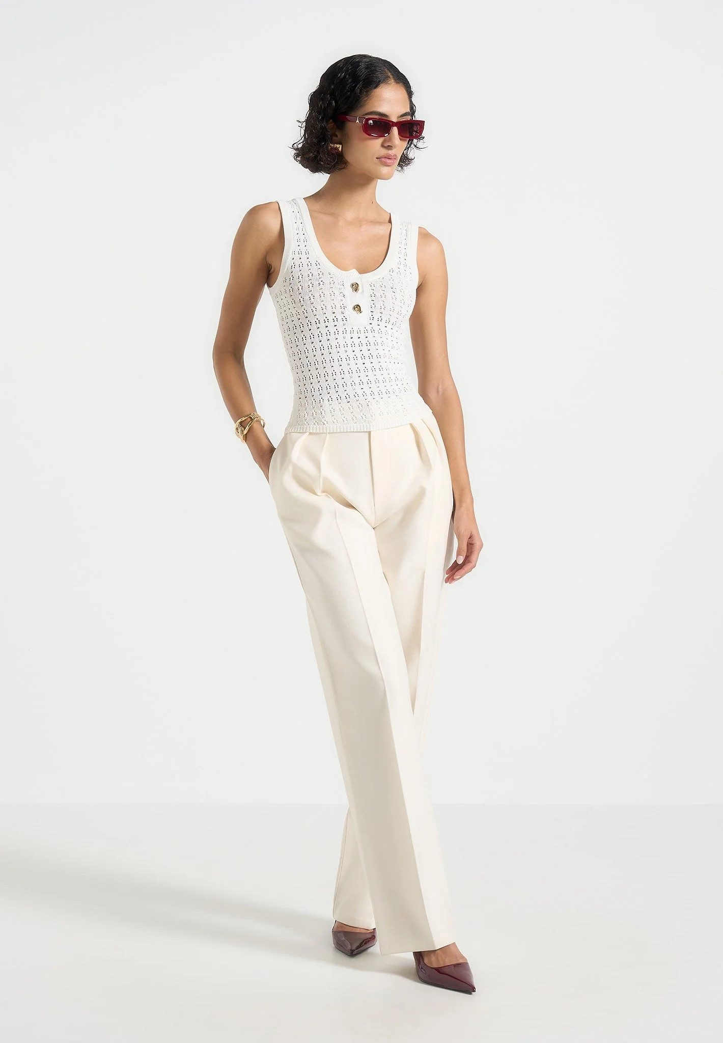 Nora - Pointelle Knitted Tank Top with Knot Button - Cream - Image 3