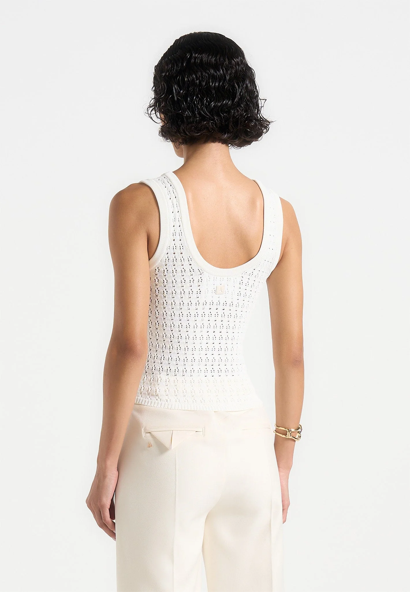 Nora - Pointelle Knitted Tank Top with Knot Button - Cream - Image 4