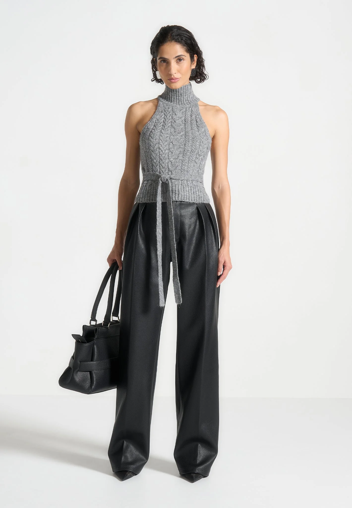 Olivia - Pebbled Leather Pleated Stacked Trousers - Black - Image 3