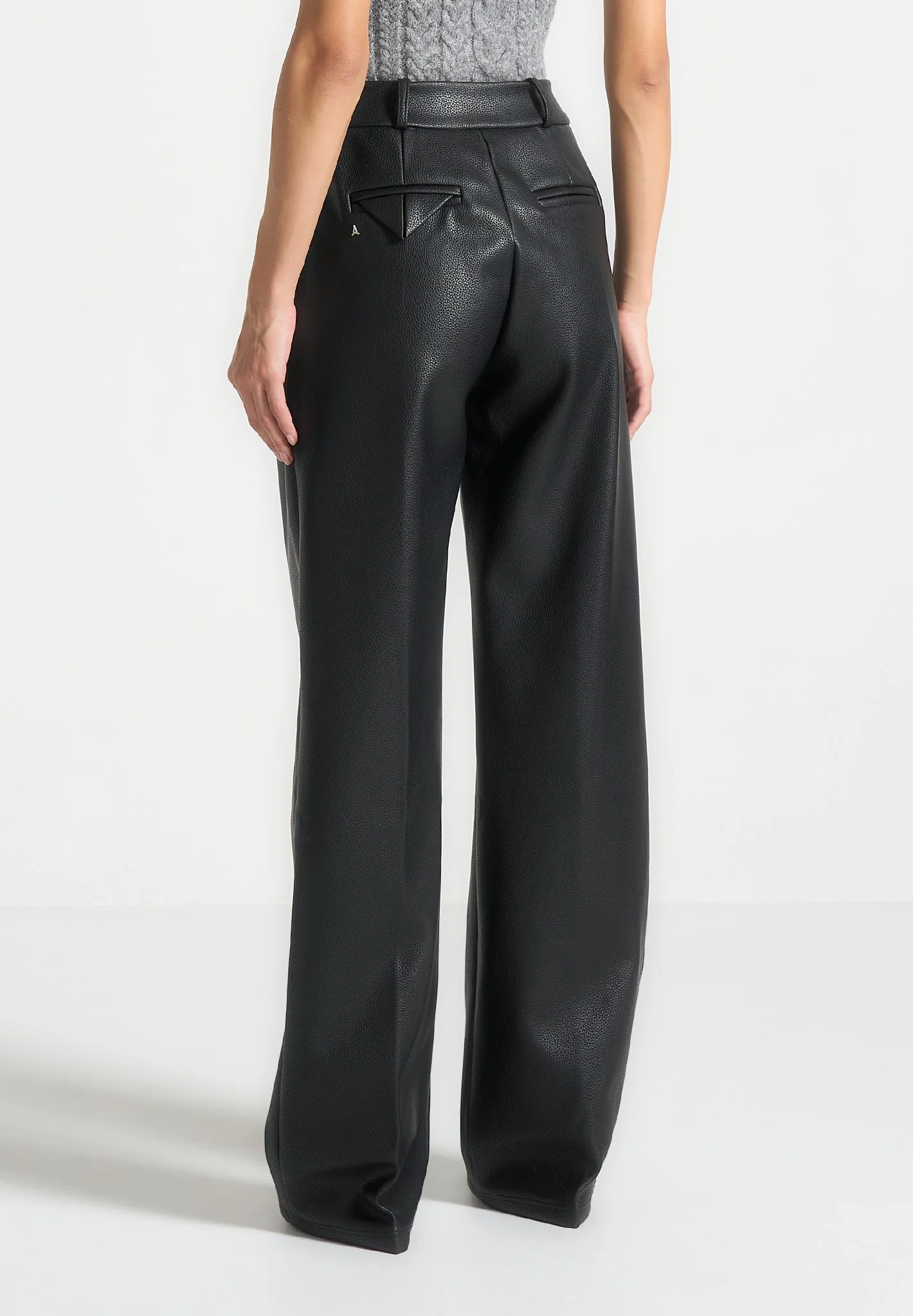 Olivia - Pebbled Leather Pleated Stacked Trousers - Black - Image 5