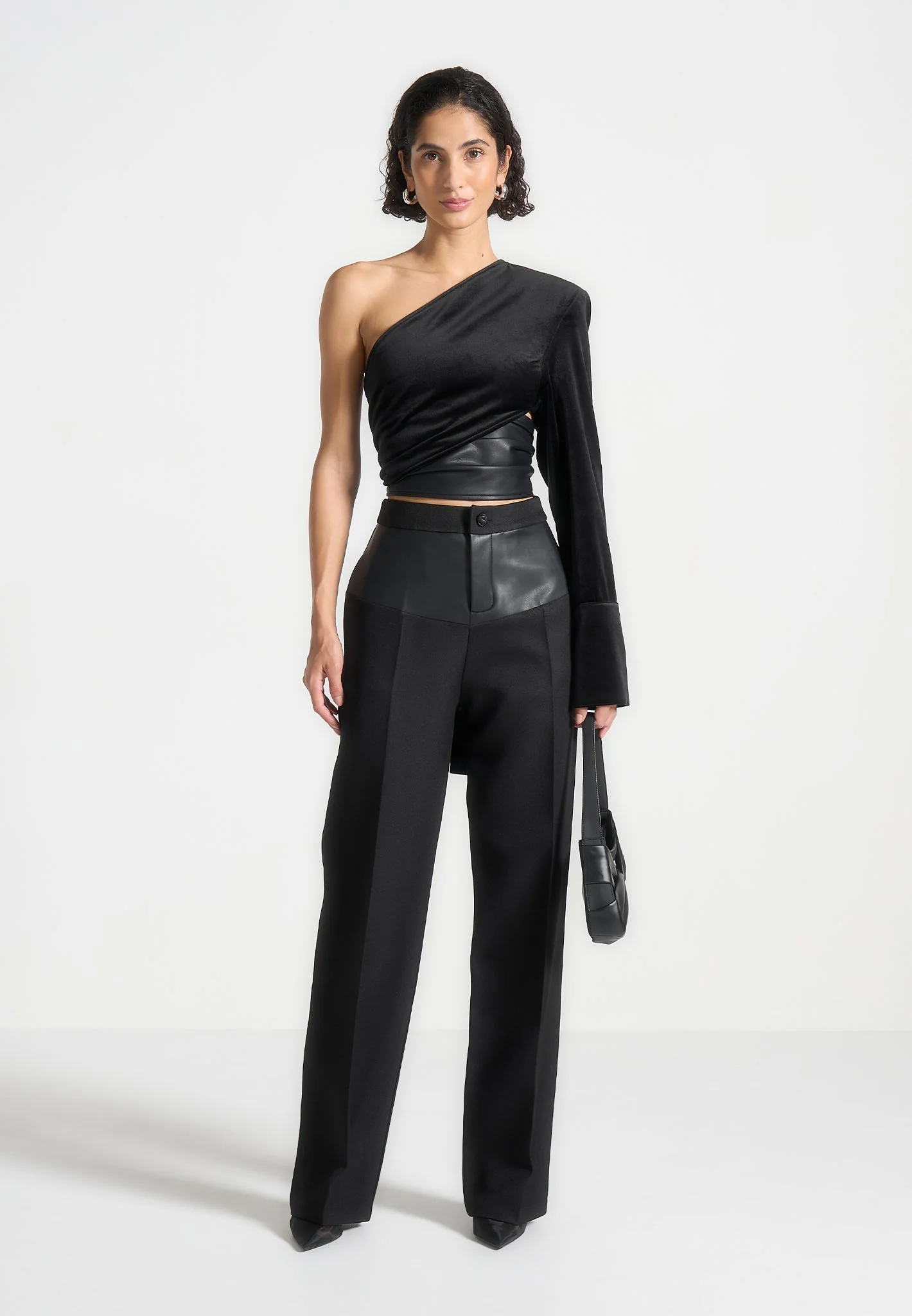 Coralie - One Sleeve Velour Wrap Top - Black - Image 2