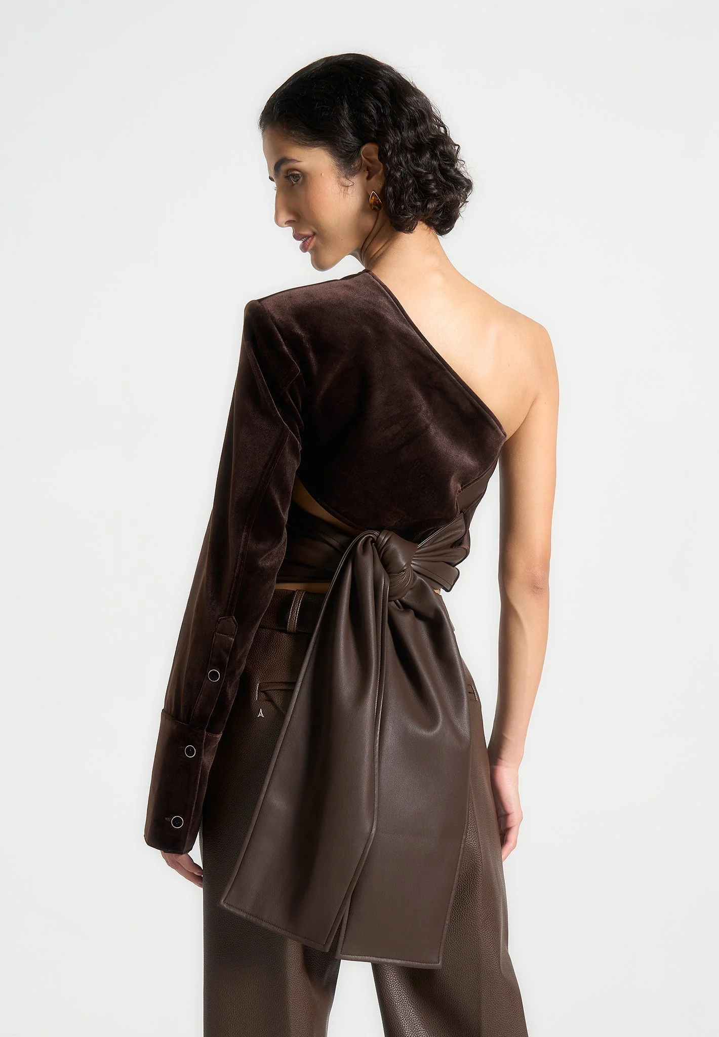 Coralie - One Sleeve Velour Wrap Top - Brown - Image 3