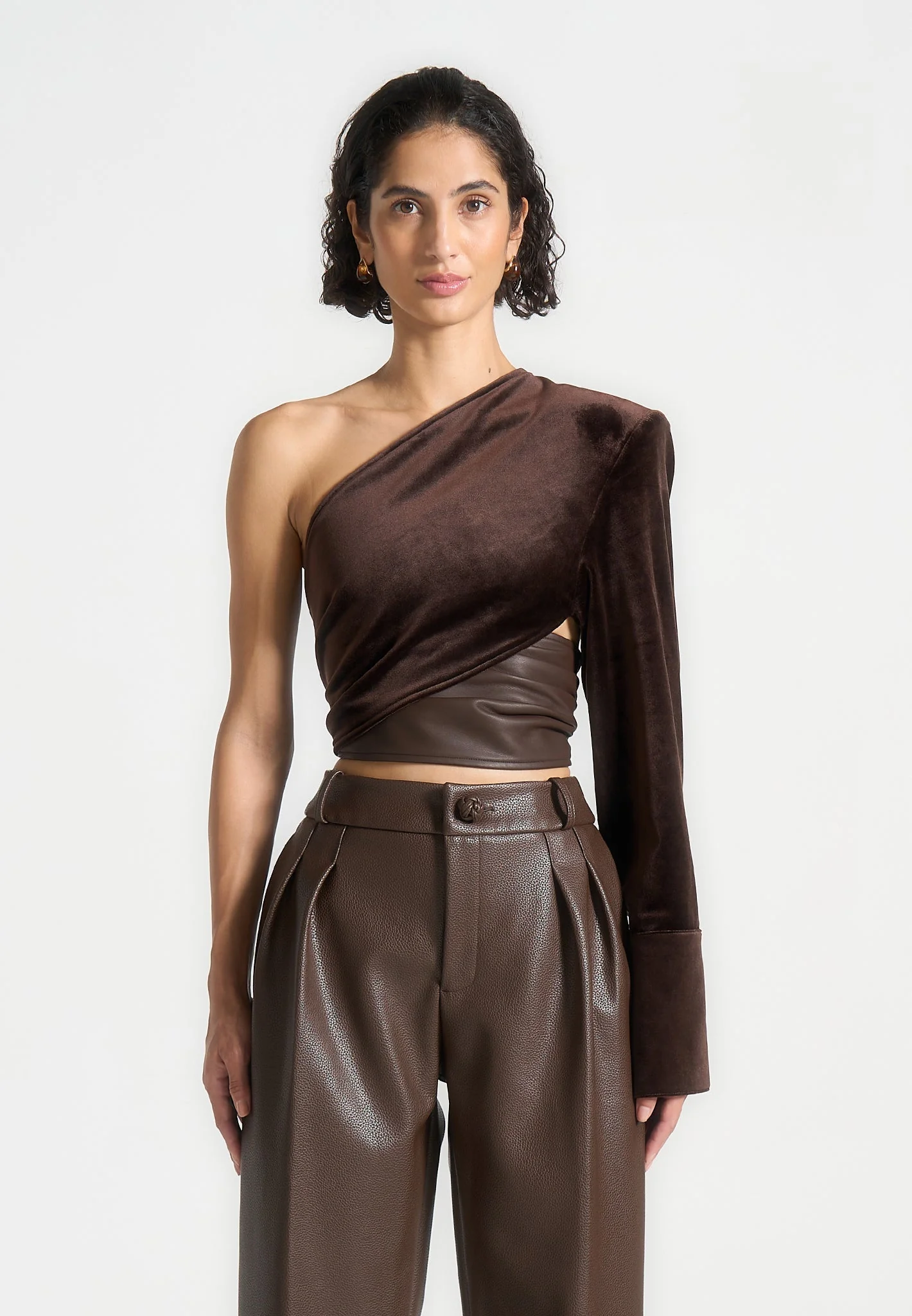 Coralie - One Sleeve Velour Wrap Top - Brown - Image 4