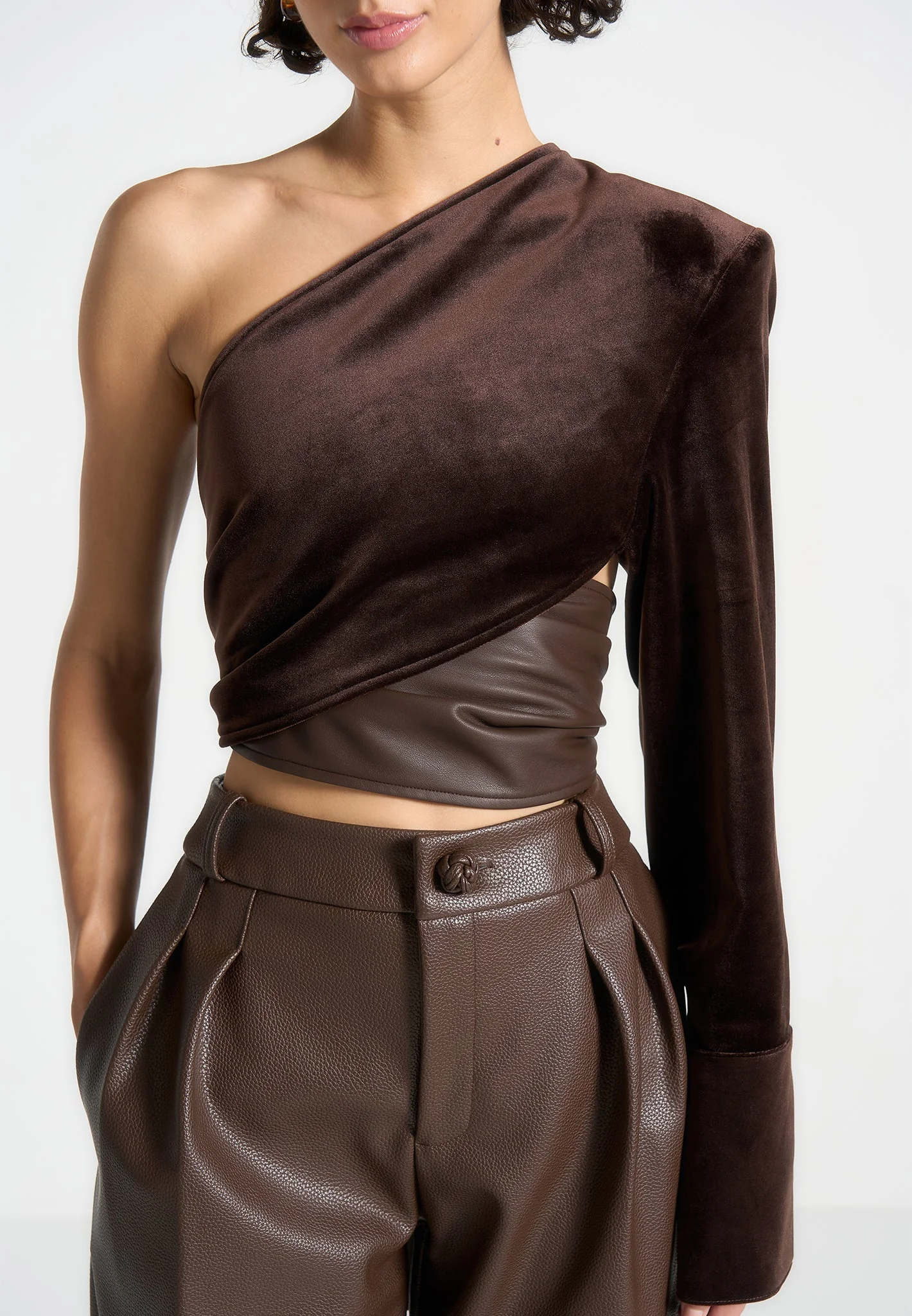 Coralie - One Sleeve Velour Wrap Top - Brown - Image 5